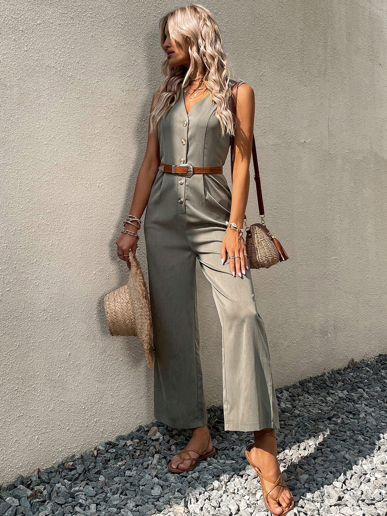 Solid Button Front Jumpsuit Without Belt