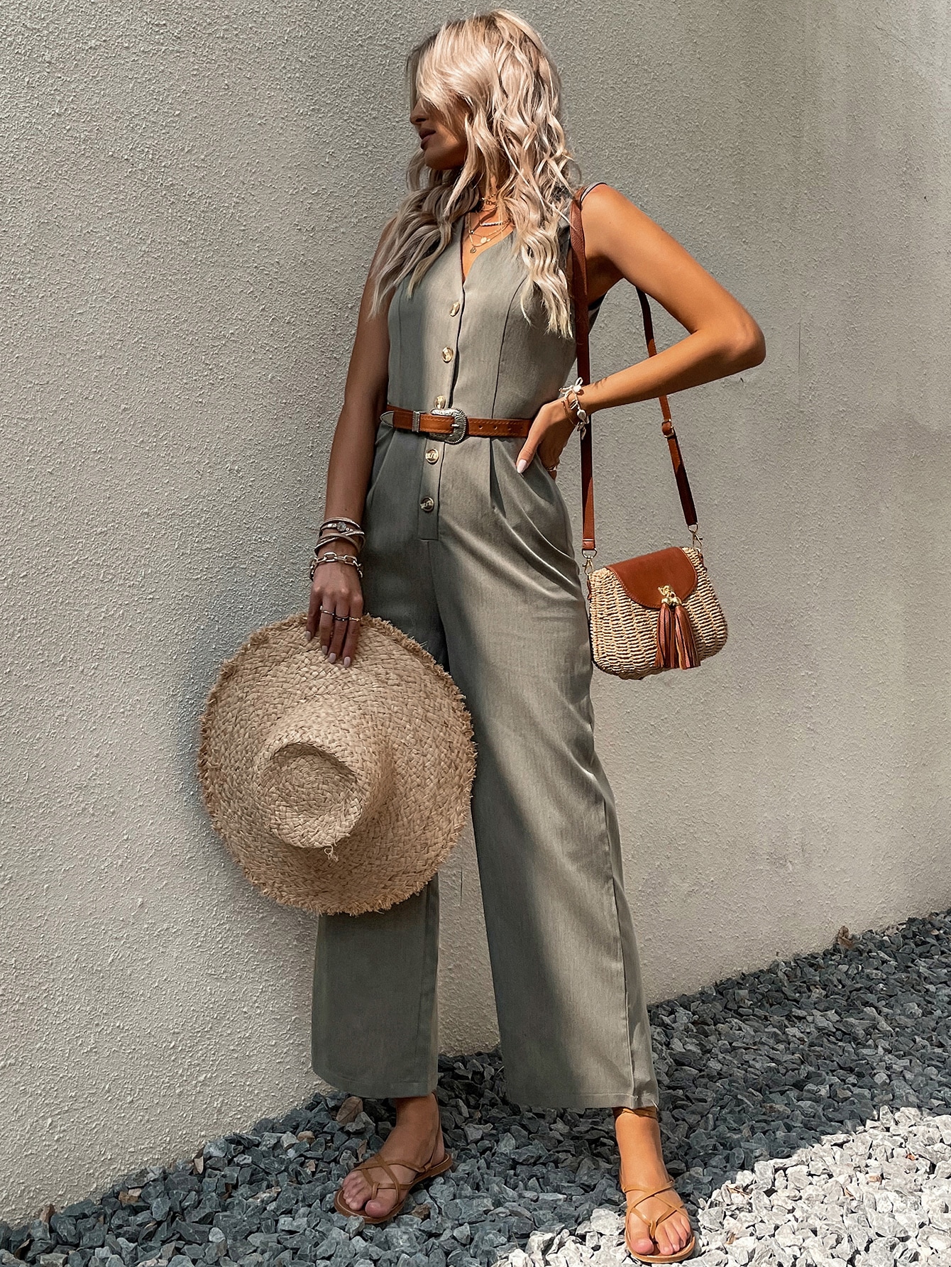 Solid Button Front Jumpsuit Without Belt