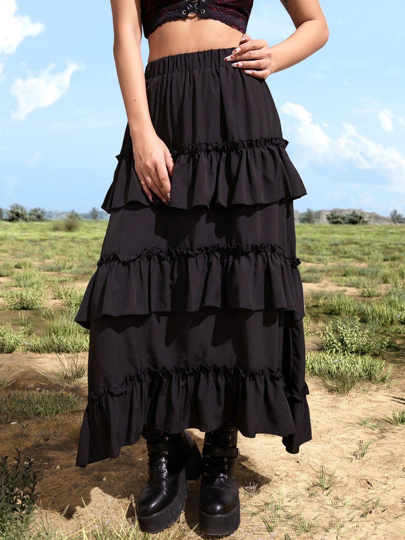 Goth Solid Ruffle Hem Layered Skirt