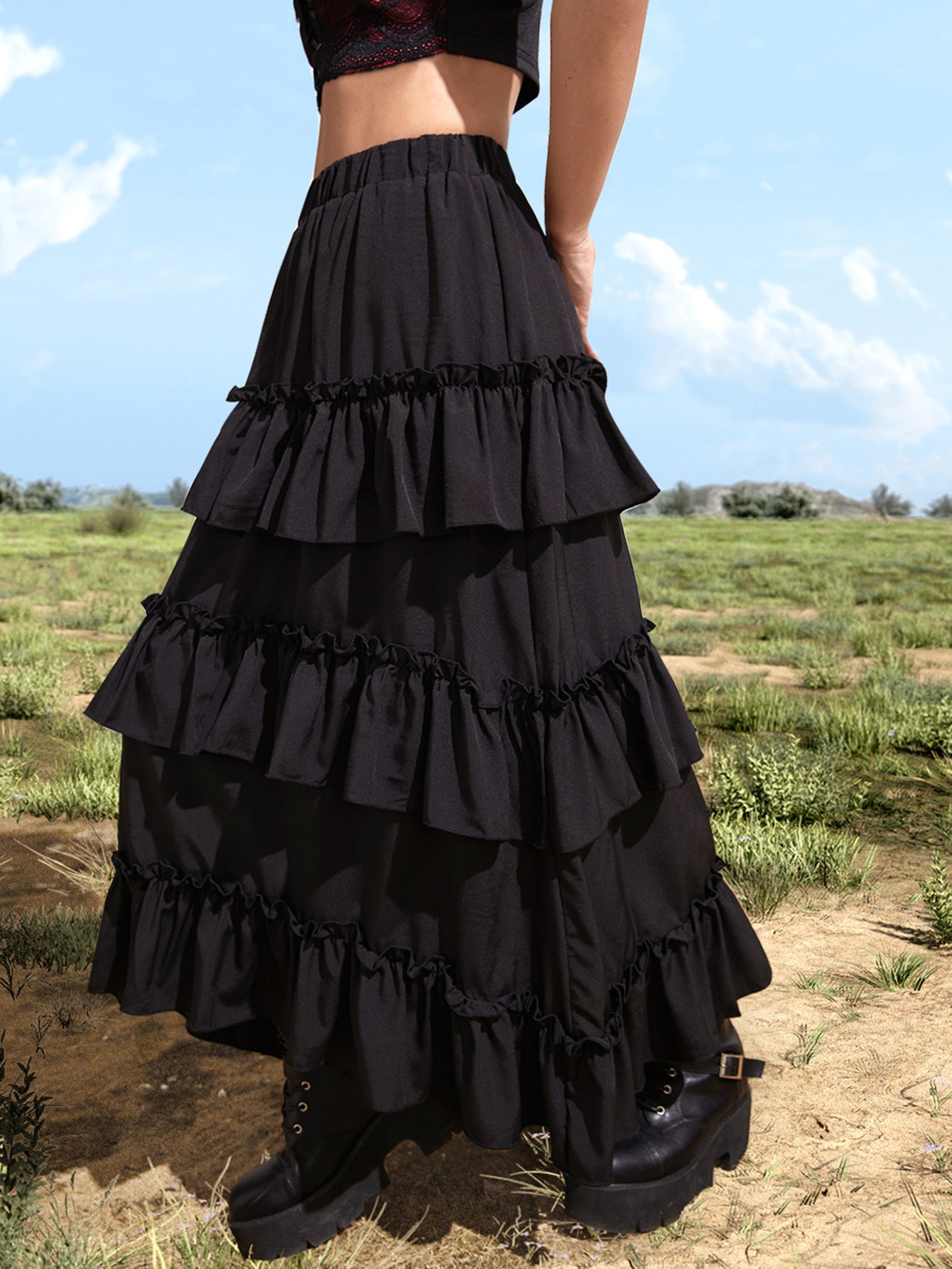 Goth Solid Ruffle Hem Layered Skirt