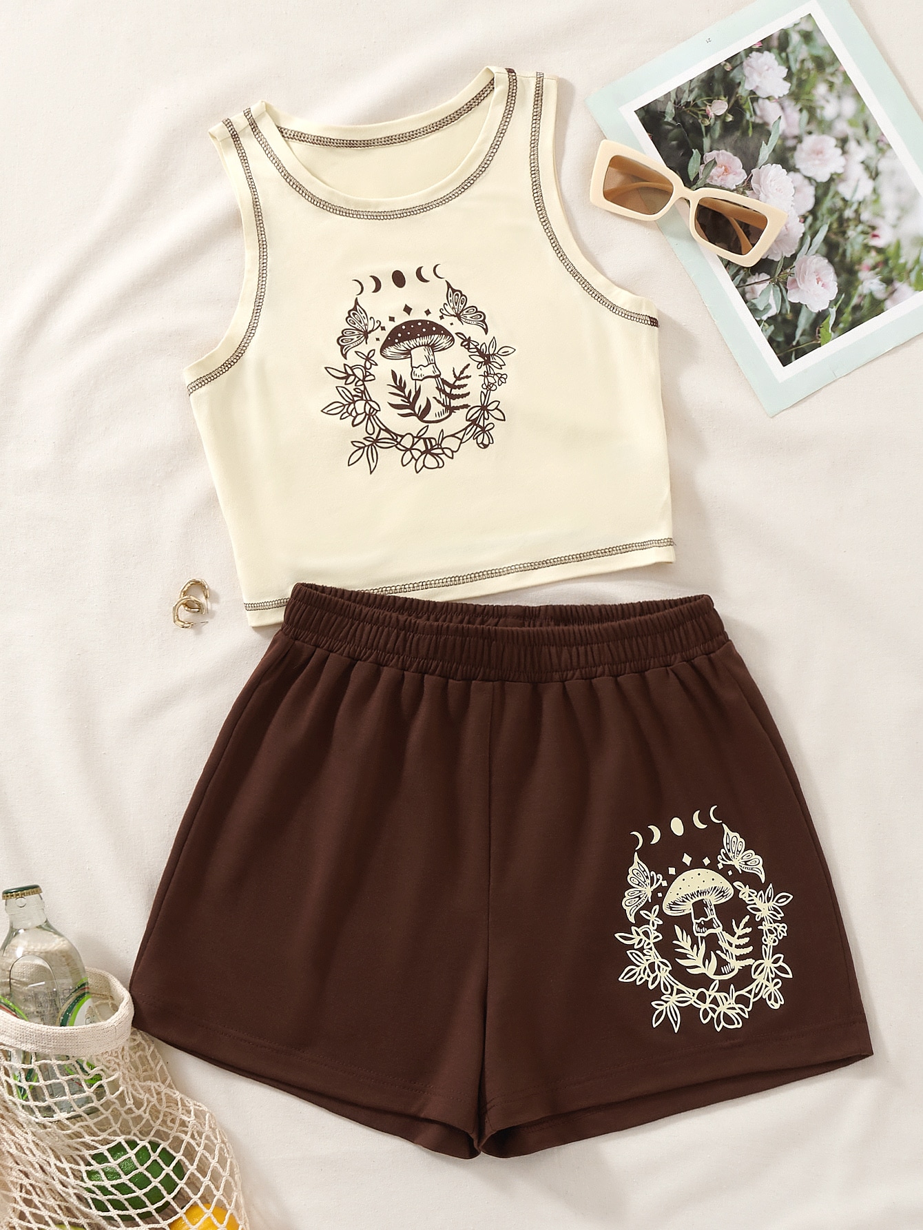 Mushroom & Butterfly Print Top-stitching Tank Top & Shorts
