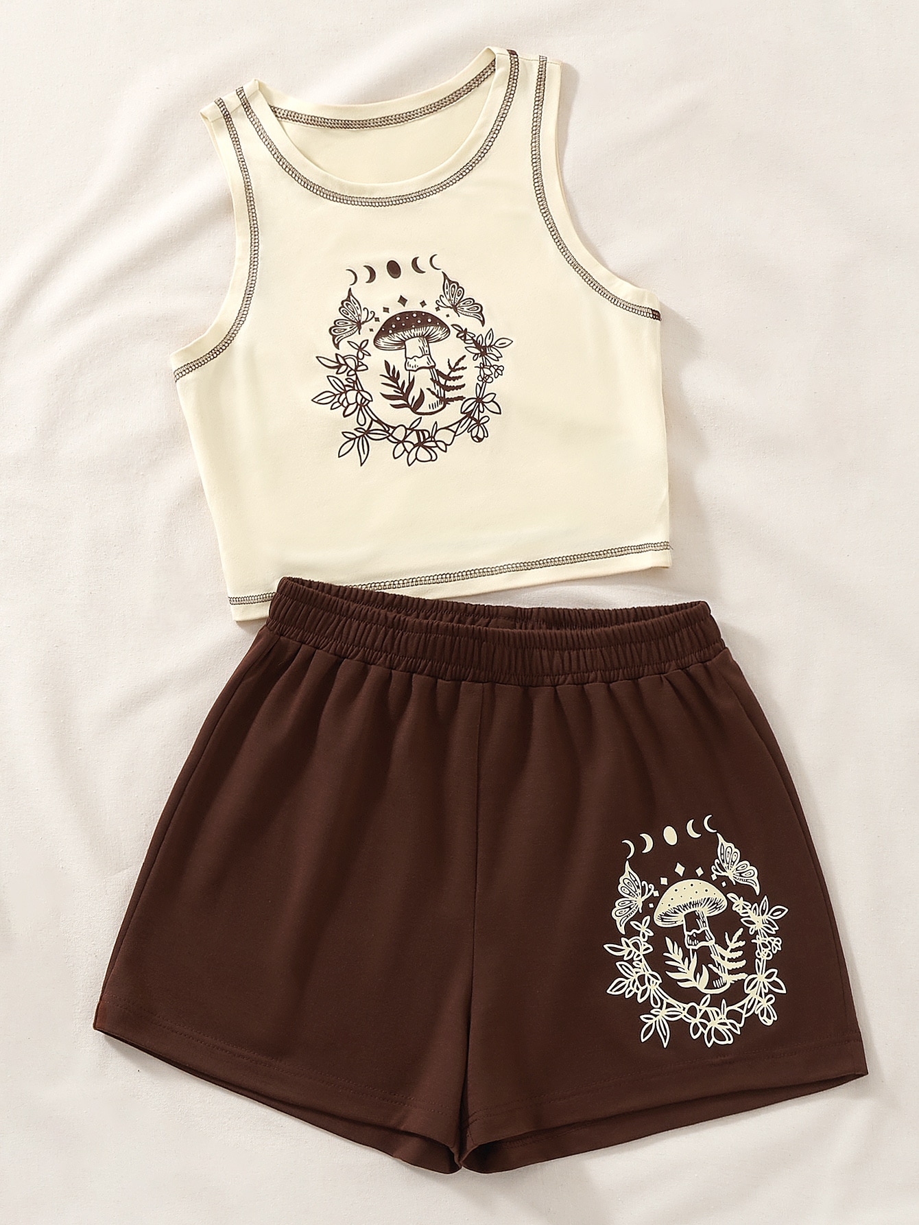 Mushroom & Butterfly Print Top-stitching Tank Top & Shorts