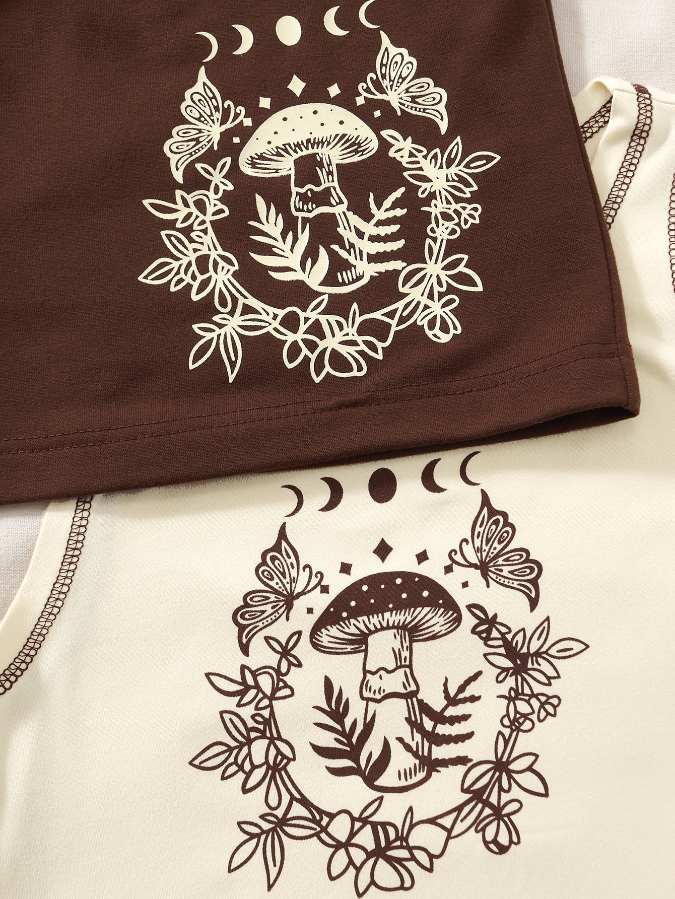 Mushroom & Butterfly Print Top-stitching Tank Top & Shorts