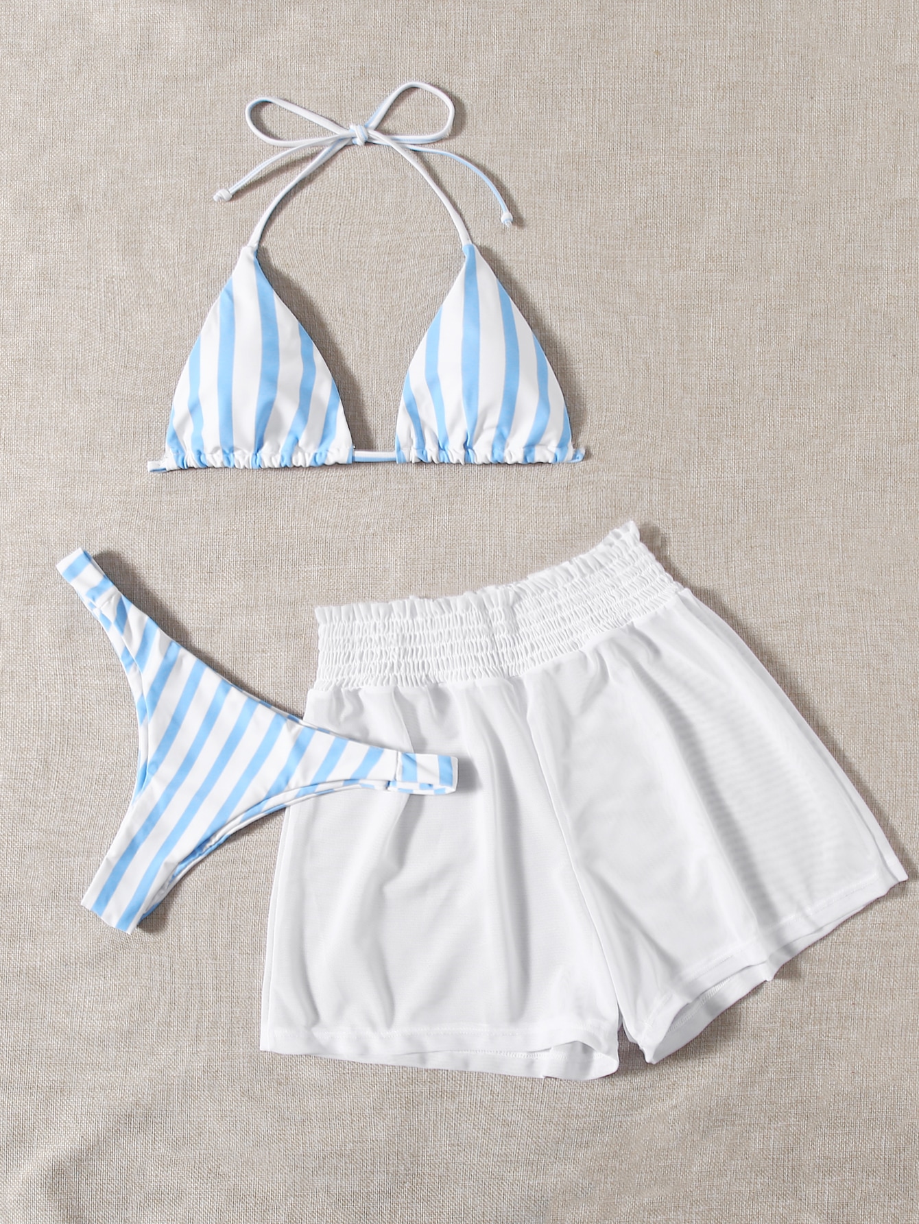 Summer Beach Striped Triangle Bikini Set & Mesh Shorts