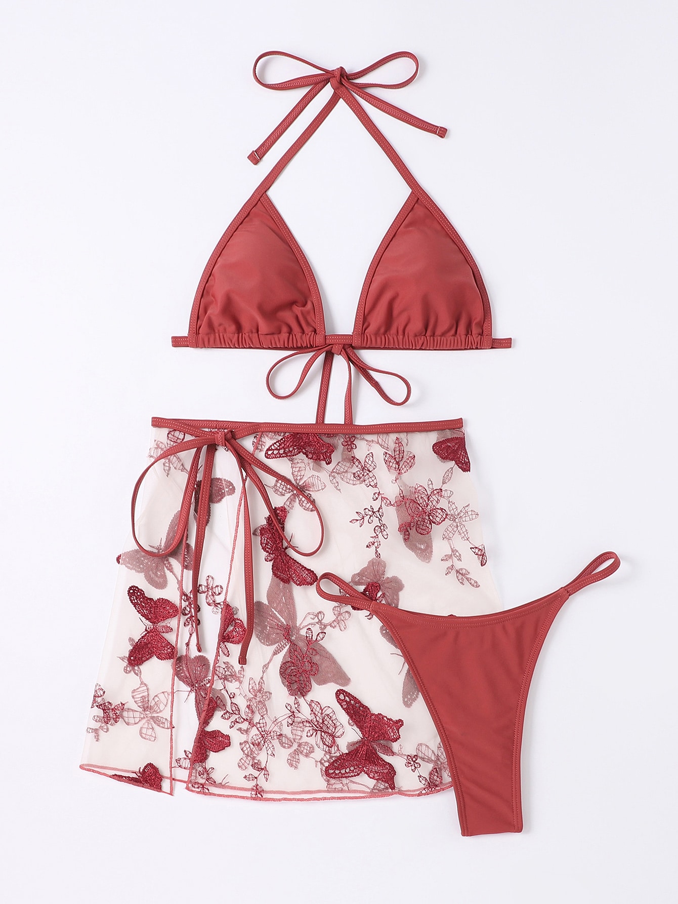 2025 Women Summer Beach Solid Color Halter Tie Sexy Bikini Swimsuit Set With Butterfly Net Mesh Sarong Skirt (3pcs Set), Random Print