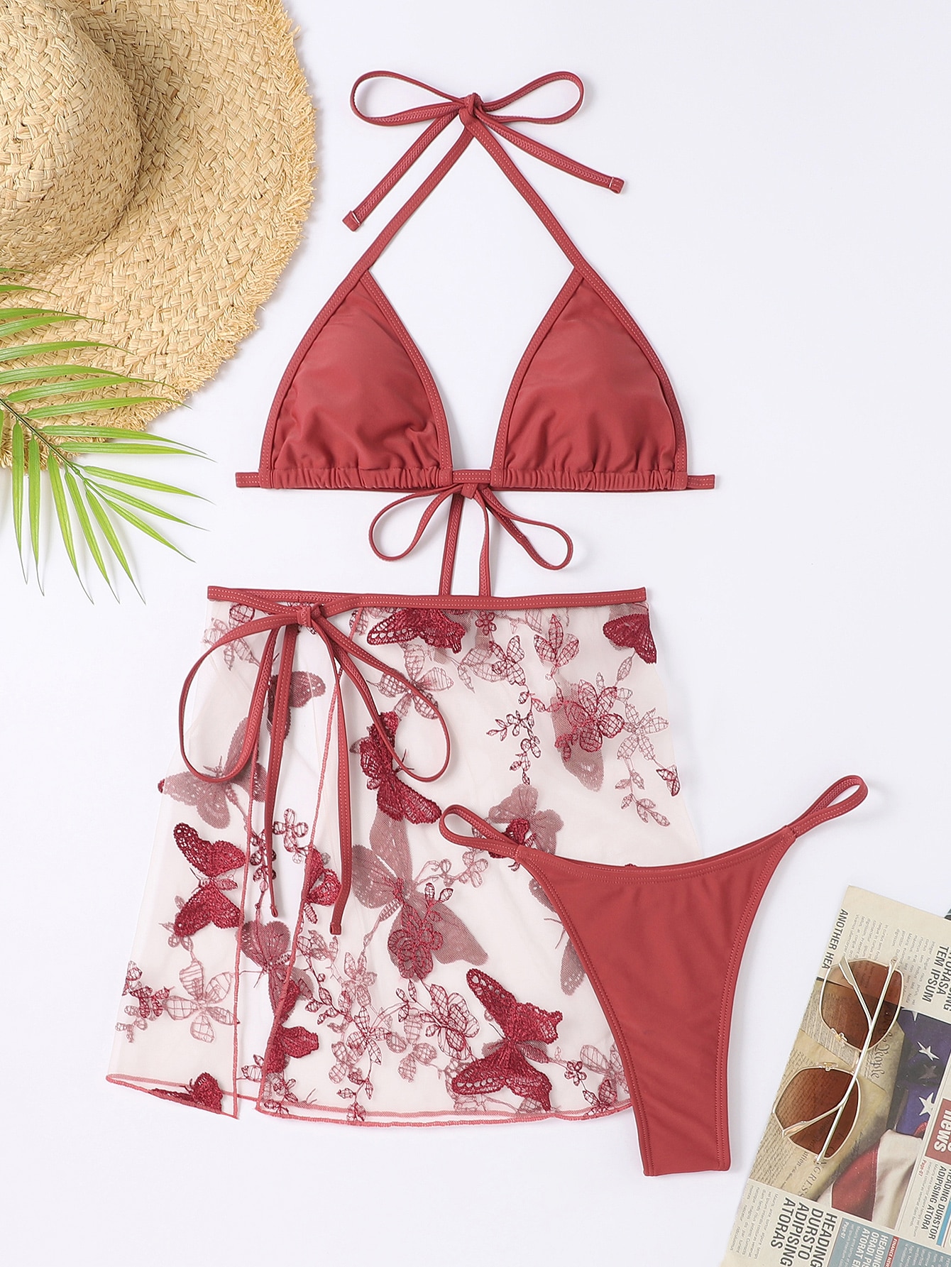 2025 Women Summer Beach Solid Color Halter Tie Sexy Bikini Swimsuit Set With Butterfly Net Mesh Sarong Skirt (3pcs Set), Random Print