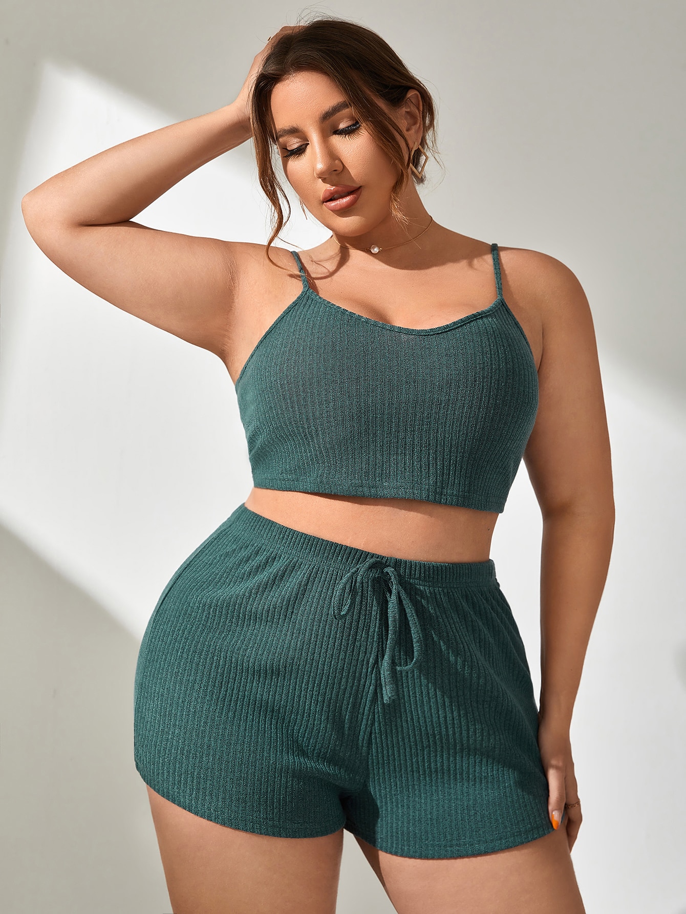 Plus Rib-Knit Tie Waist Cami PJ Set / Pajama Set