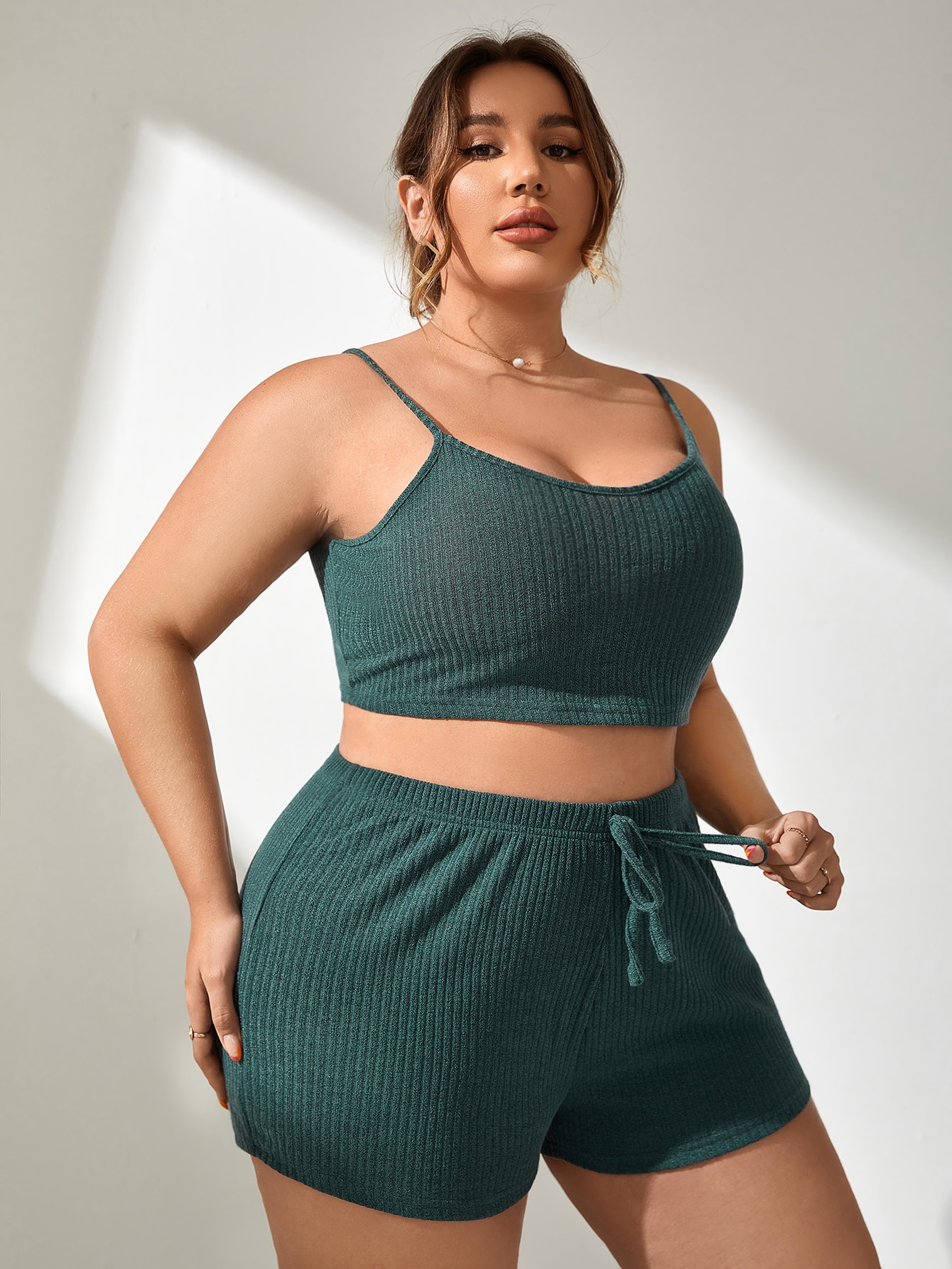 Plus Rib-Knit Tie Waist Cami PJ Set / Pajama Set