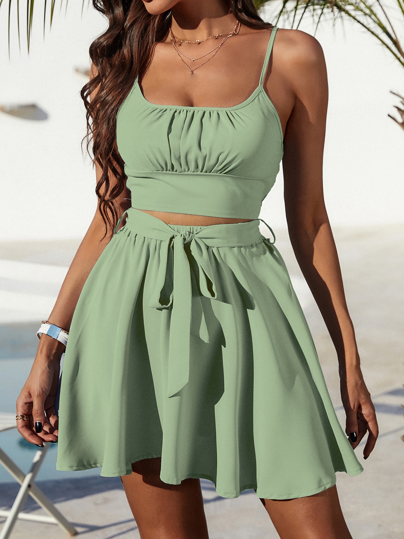 Ruched Bust Cami Top & Belted Skirt Set