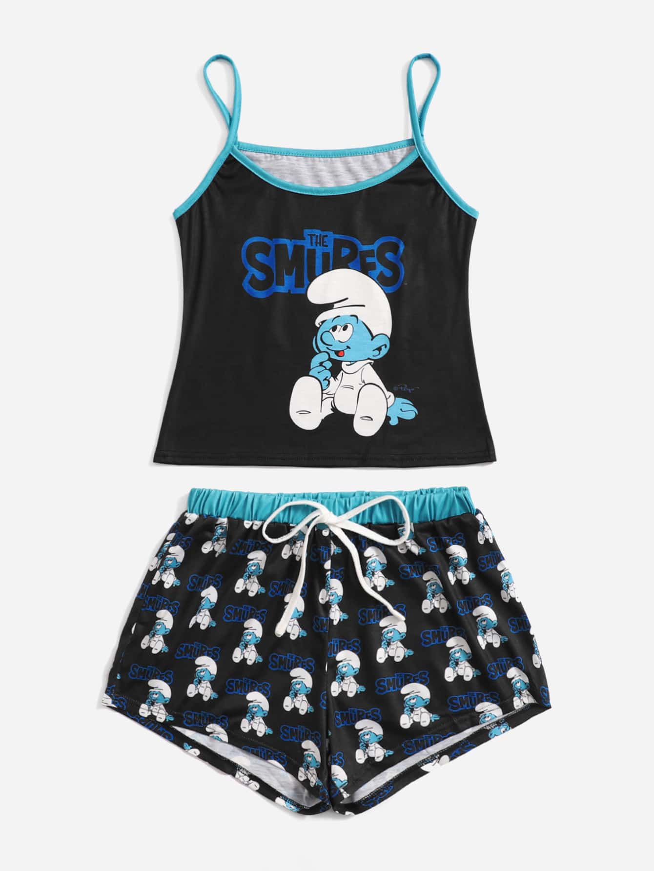 ROMWE X The Smurfs Cartoon Graphic Contrast Binding PJ Set, School