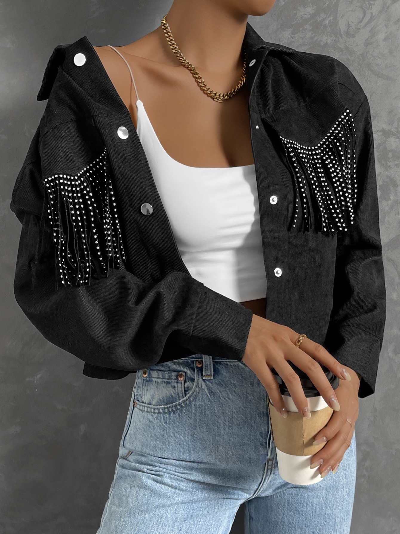 Rhinestone Fringe Trim Crop Jacket