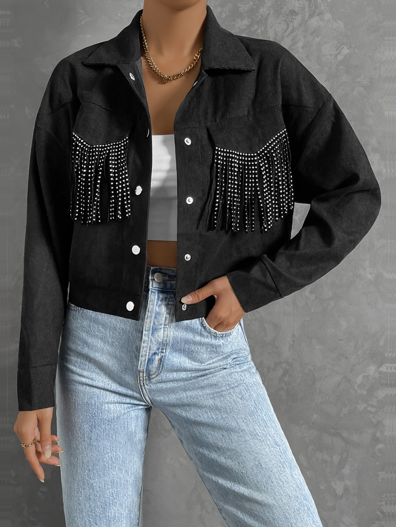 Rhinestone Fringe Trim Crop Jacket