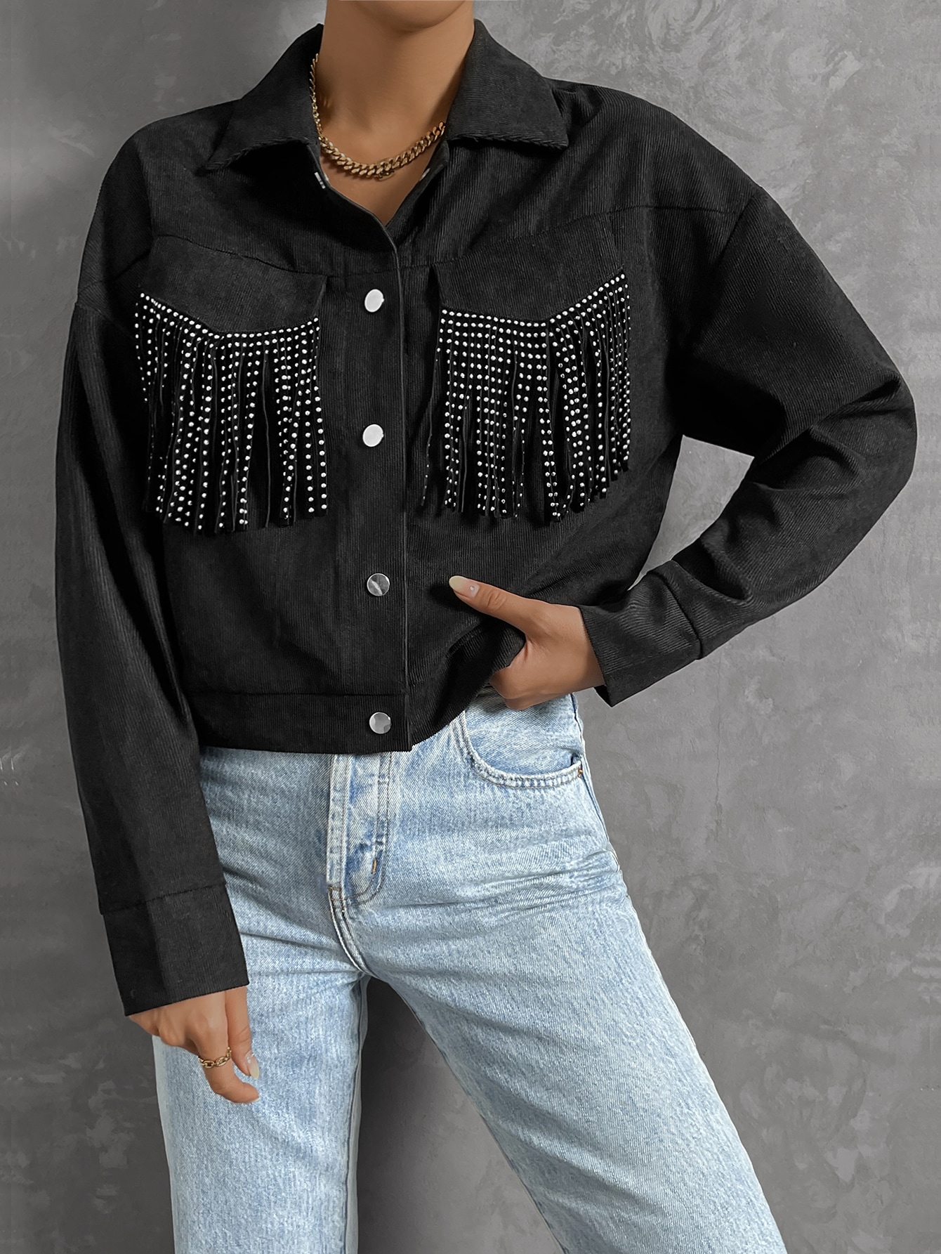 Rhinestone Fringe Trim Crop Jacket