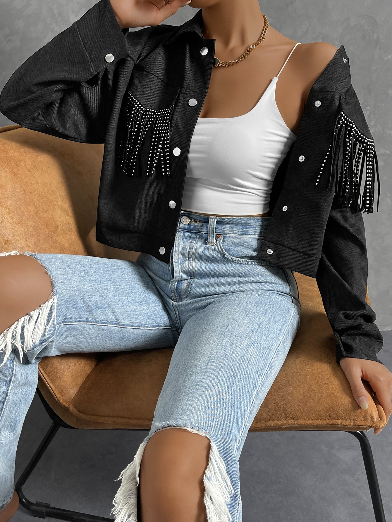 Rhinestone Fringe Trim Crop Jacket
