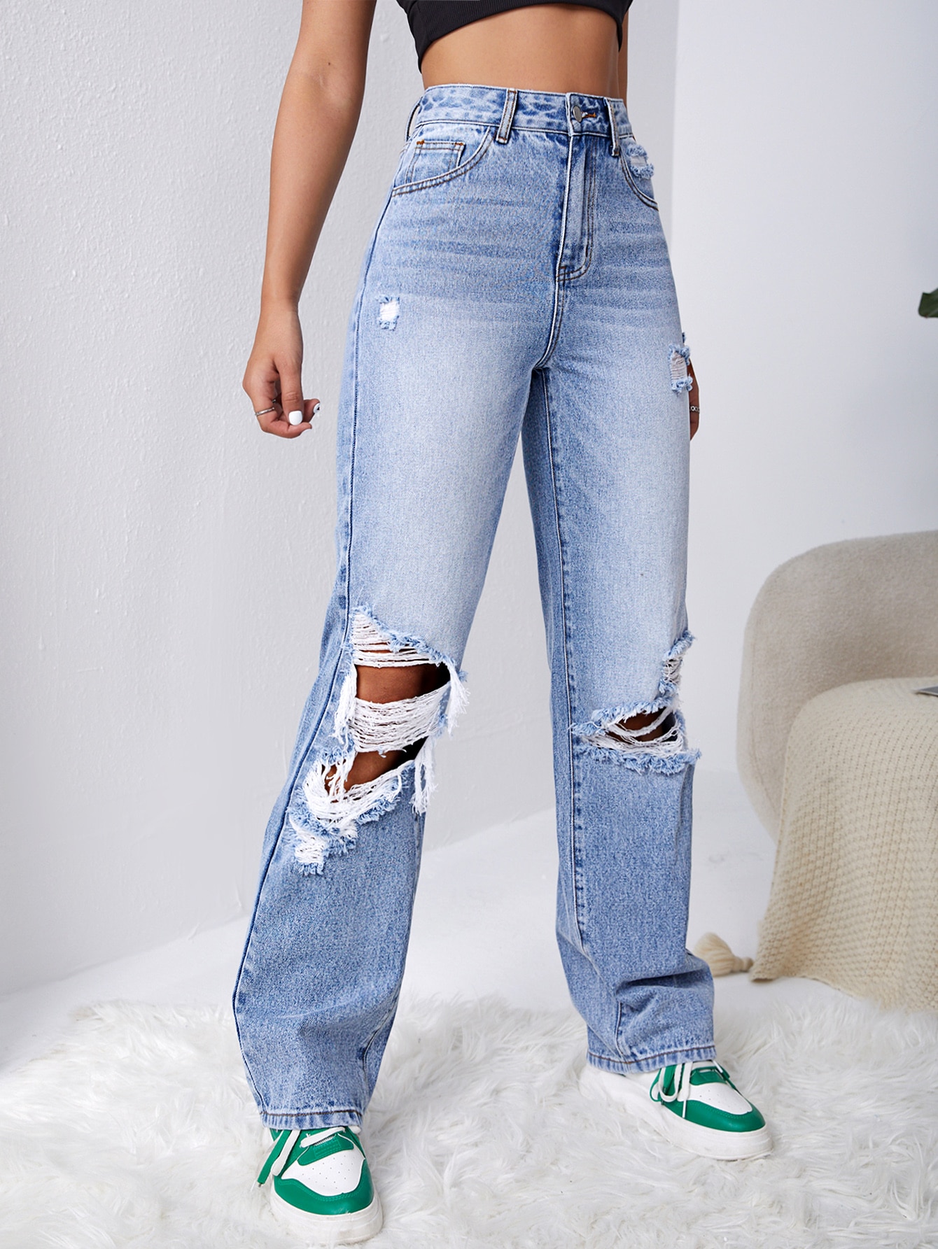 Cut Out Ripped Straight Leg Jeans