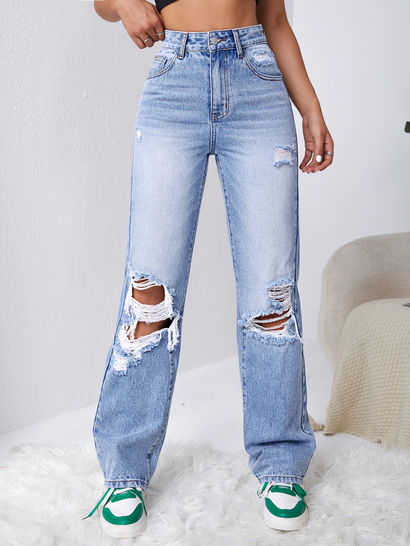Cut Out Ripped Straight Leg Jeans