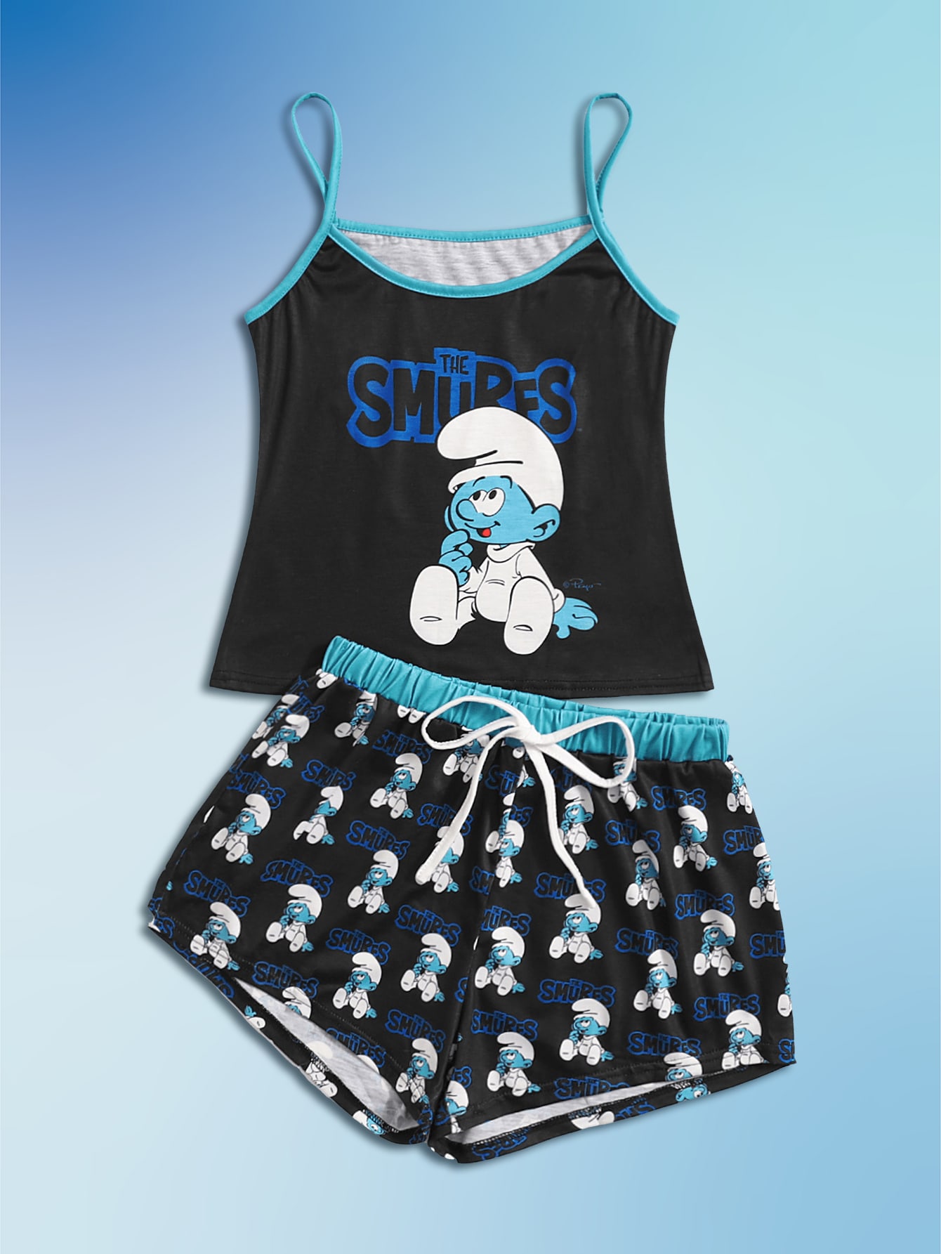ROMWE X The Smurfs Cartoon Graphic Contrast Binding PJ Set, School