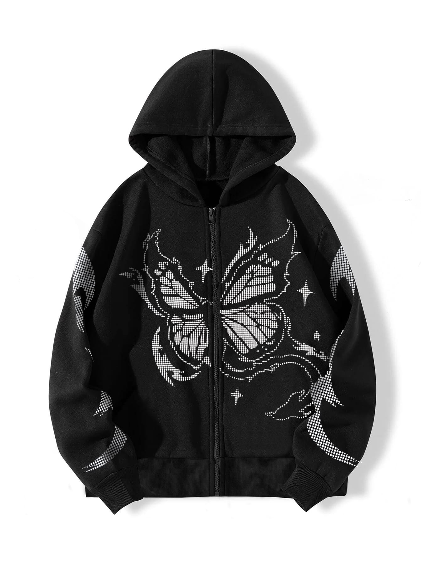 Butterfly Print Zip Up Thermal Lined Hoodie,Long Sleeve Tops