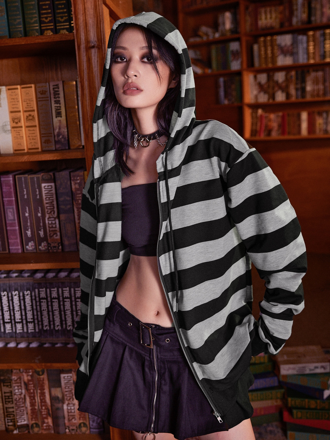 Academia Striped Zip Up Hoodie, School,Long Sleeve Tops