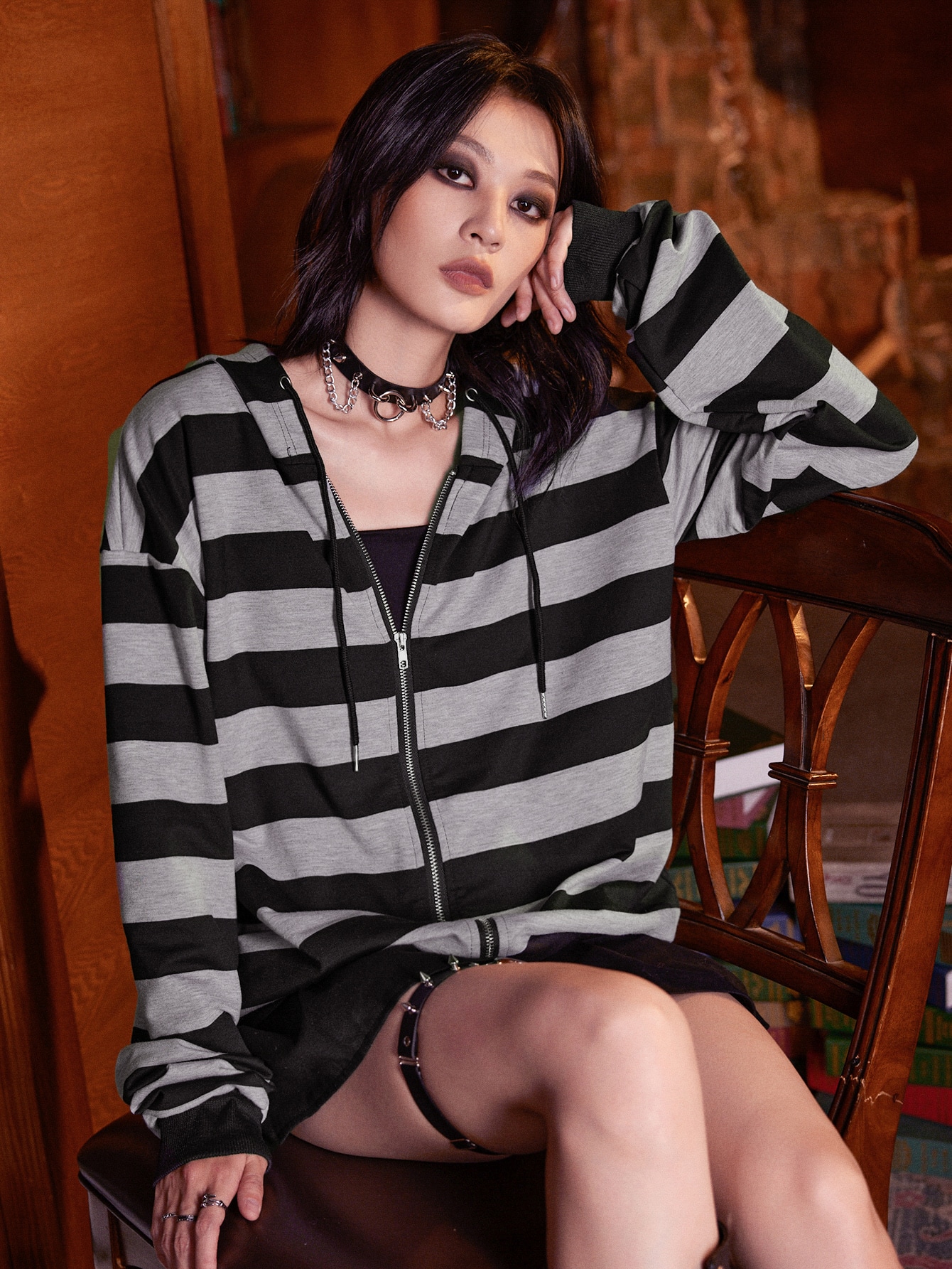 Academia Striped Zip Up Hoodie, School,Long Sleeve Tops