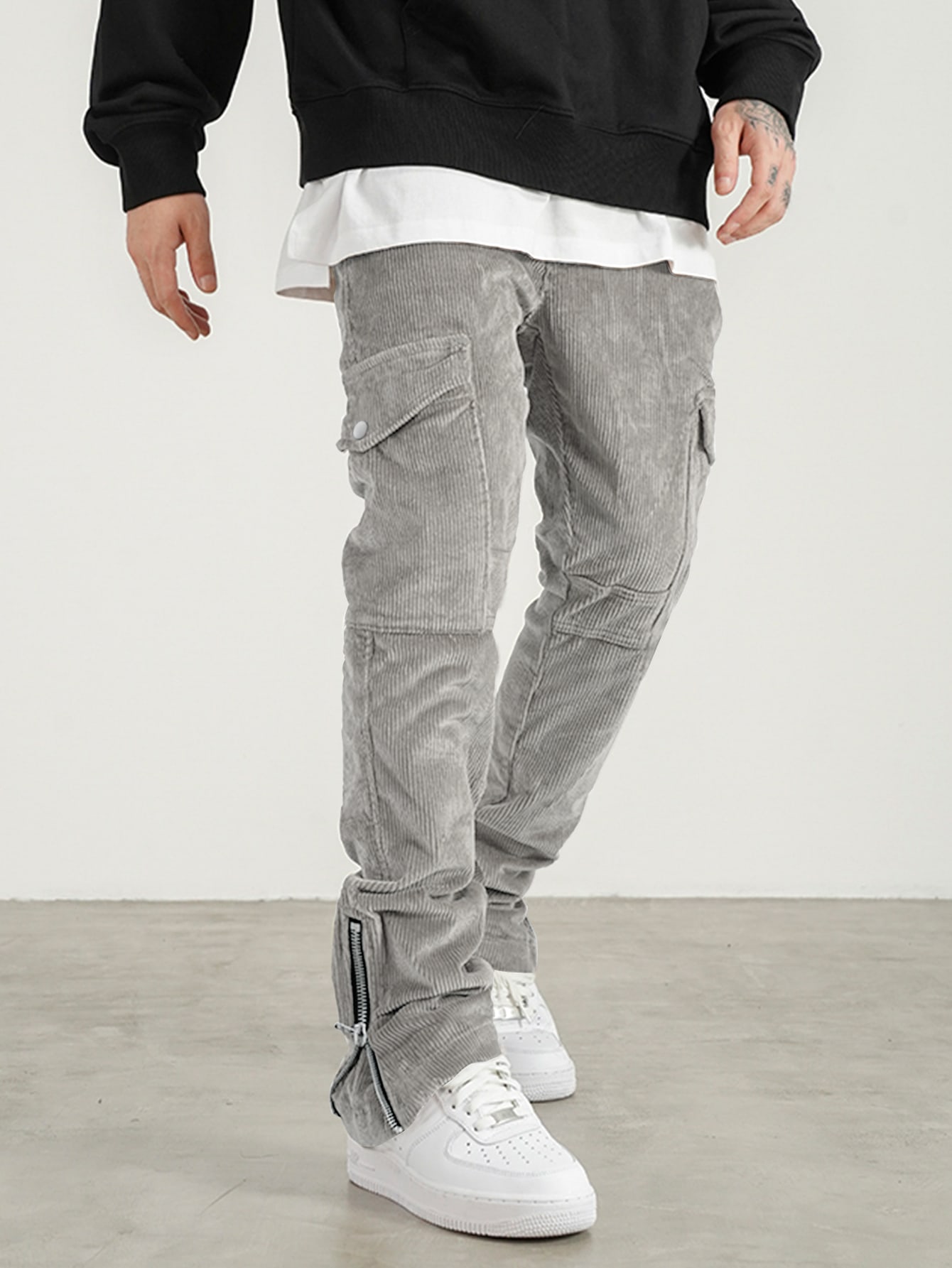 Guys Flap Pocket Side Drawstring Waist Corduroy Pants