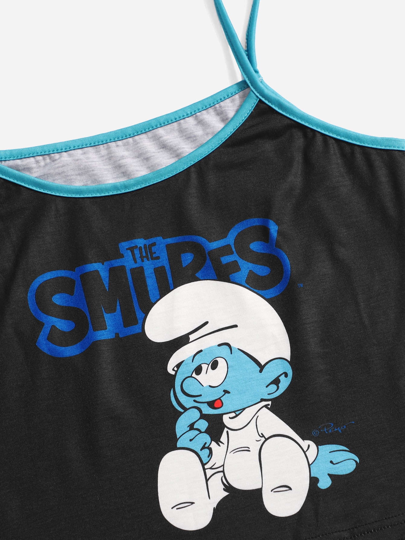 ROMWE X The Smurfs Cartoon Graphic Contrast Binding PJ Set, School