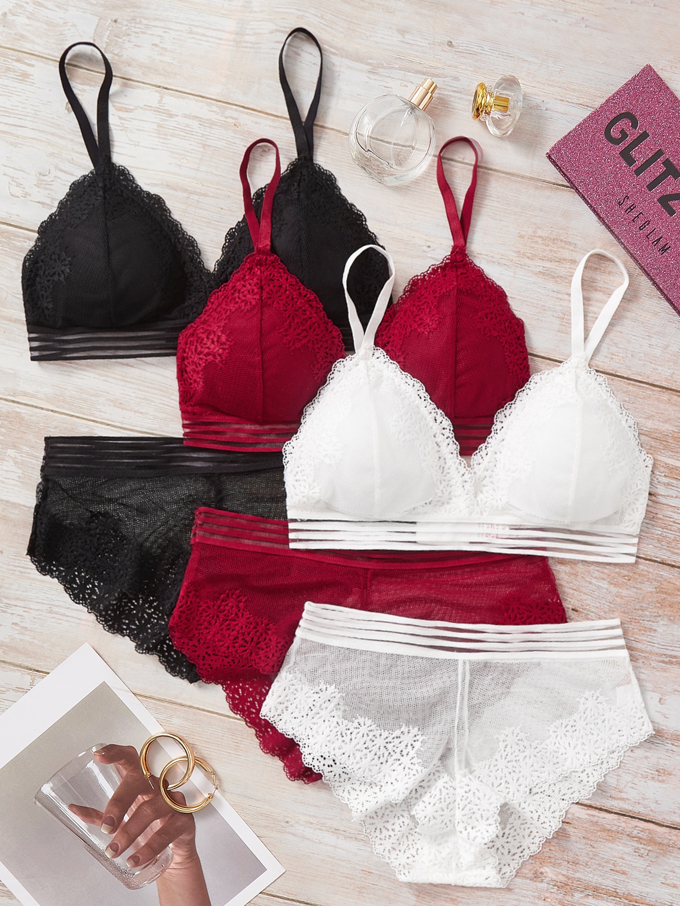 3sets Floral Lace Bra & Panty Lingerie Set