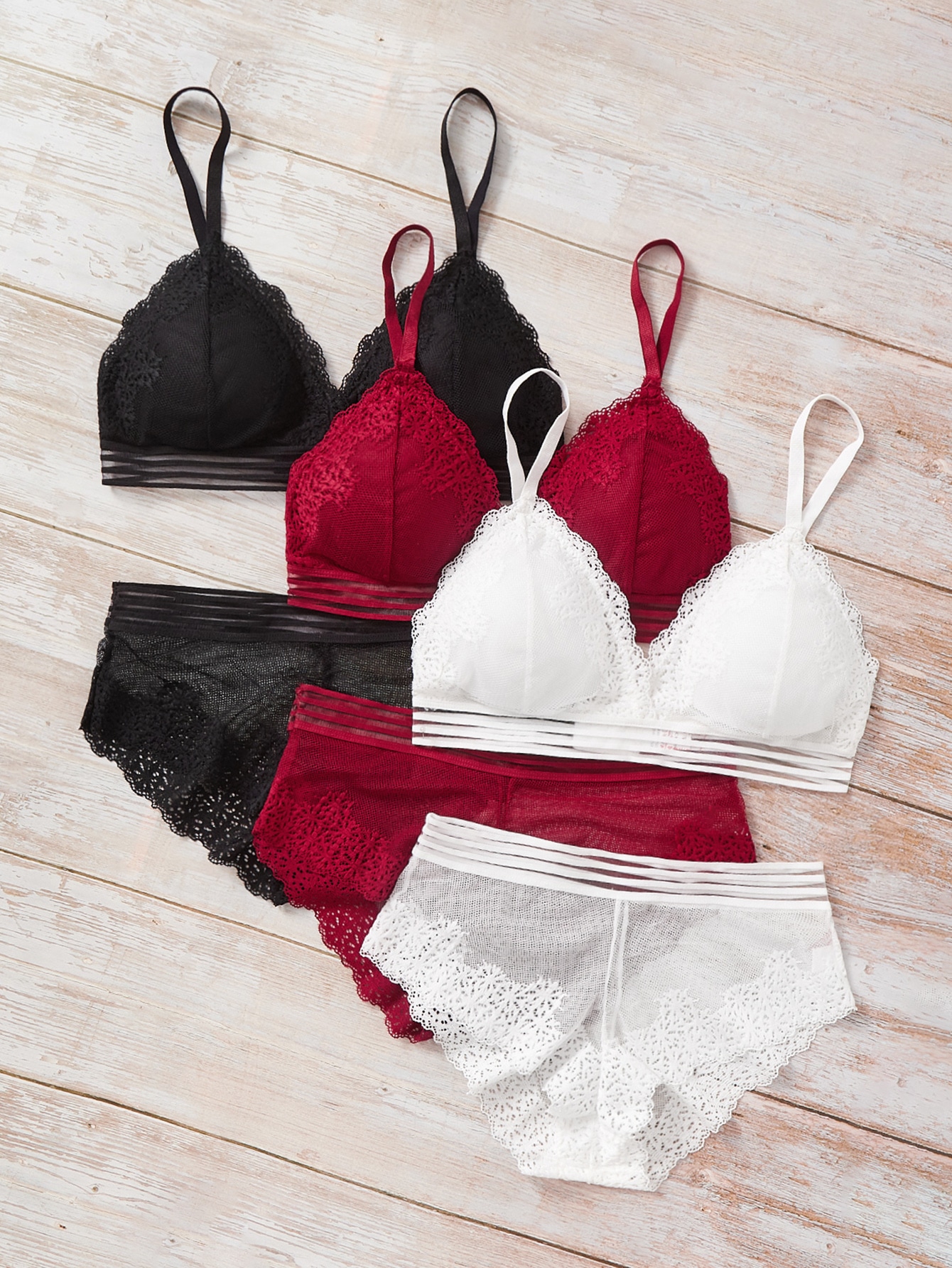 3sets Floral Lace Bra & Panty Lingerie Set