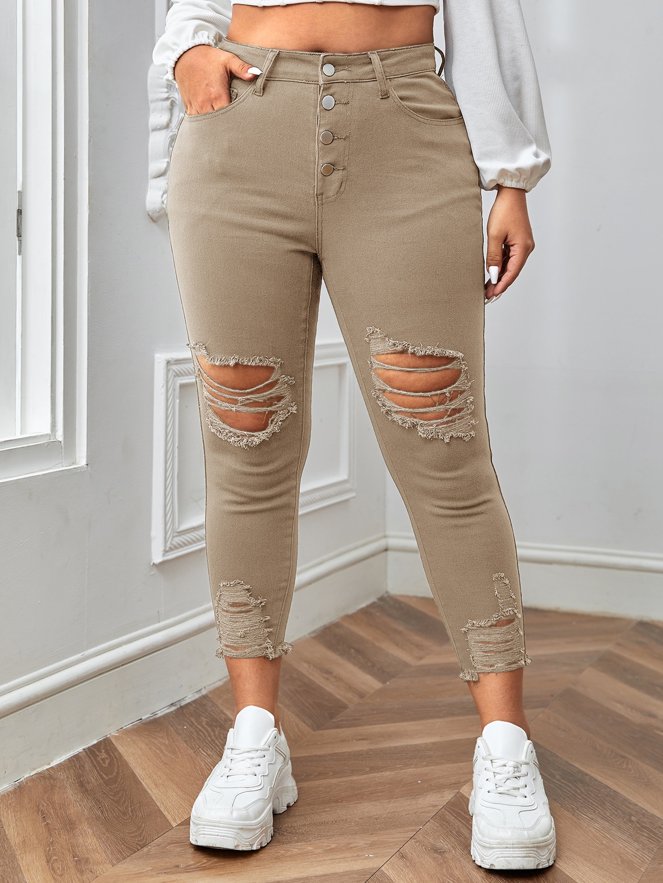 Plus Button Fly Ripped Raw Cut Skinny Jeans
