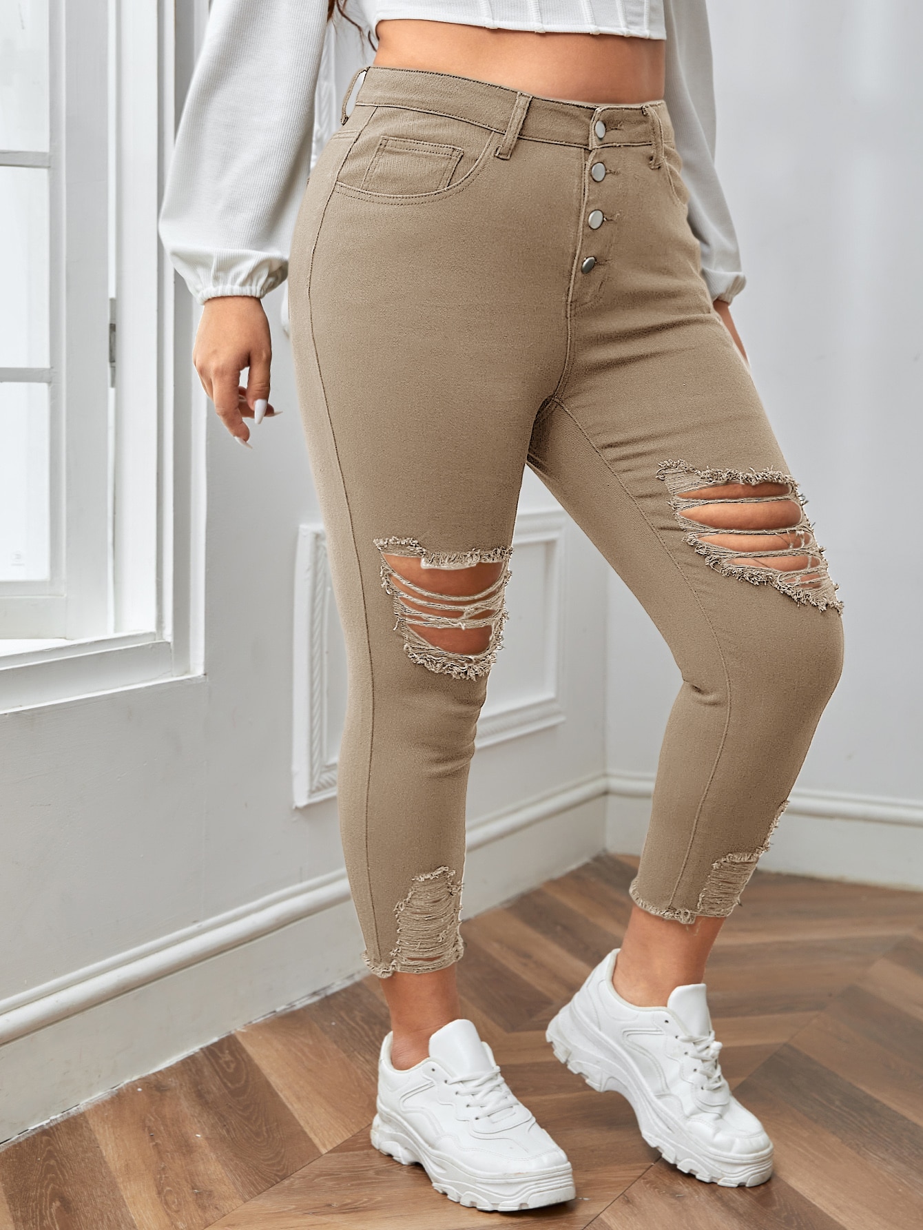 Plus Button Fly Ripped Raw Cut Skinny Jeans
