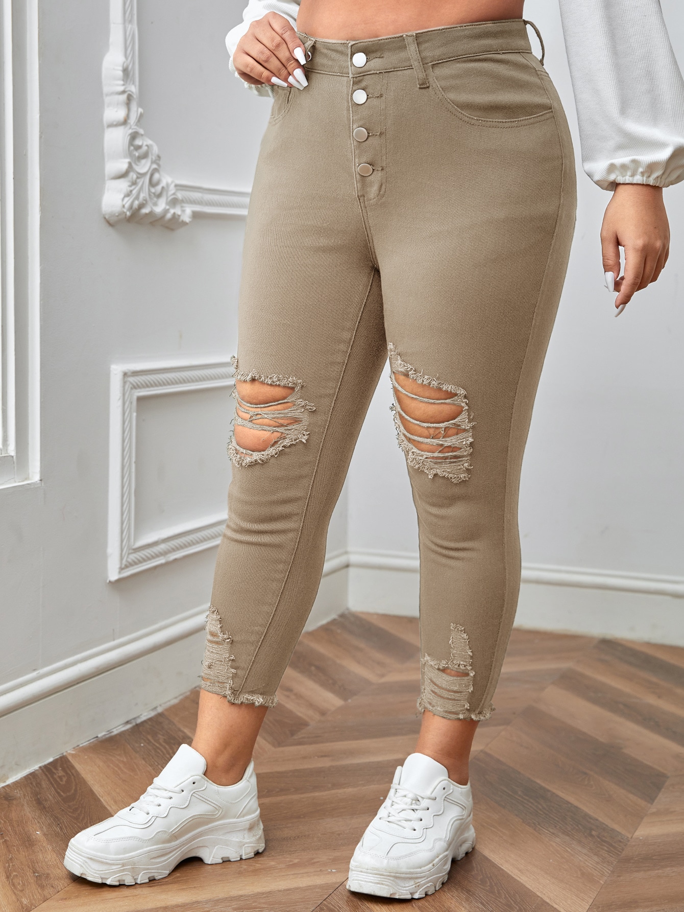 Plus Button Fly Ripped Raw Cut Skinny Jeans