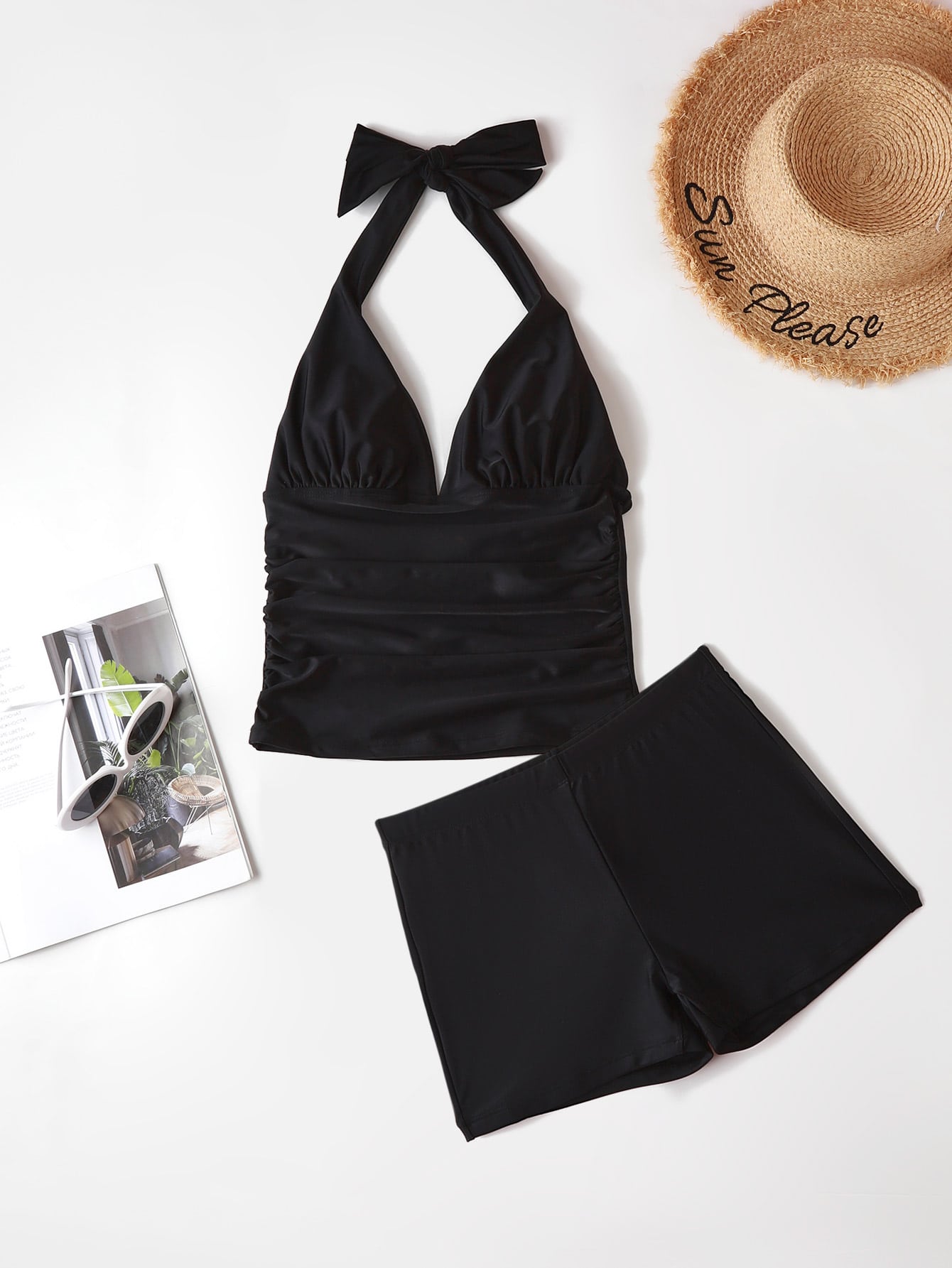 Summer Beach Plain Tummy Control Halter Shorts Tankini