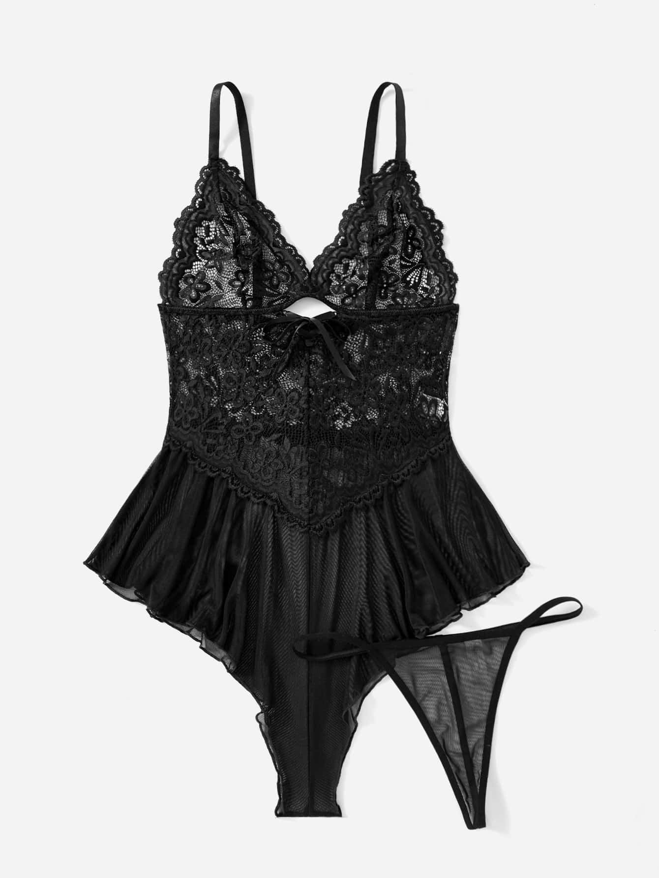 Fairycore Contrast Lace Mesh Teddy Bodysuit & Thong, Lingerie