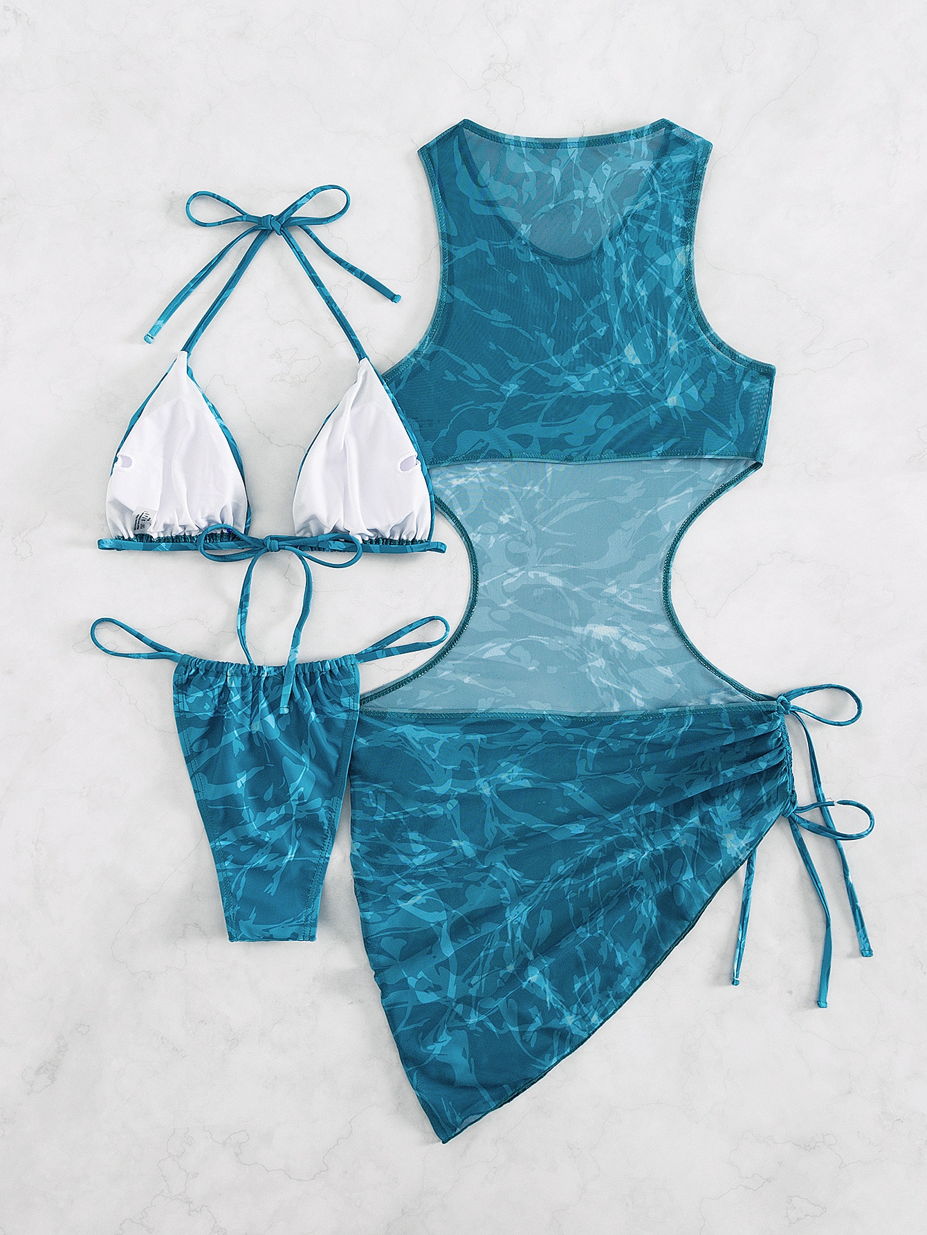 Summer Beach Graphic Print Halter Triangle Bikini Set With Cover Up
