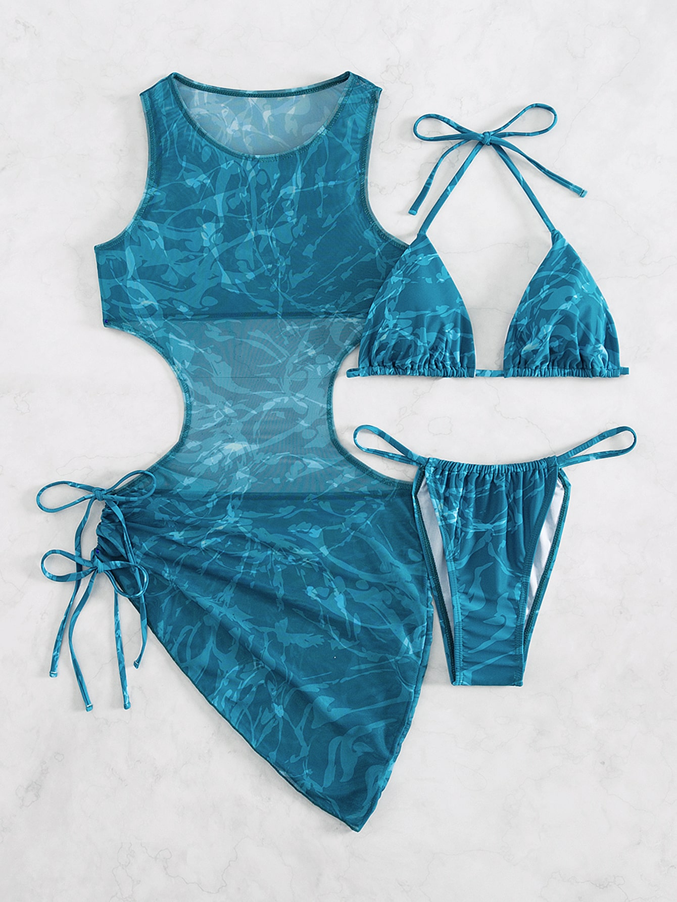 Summer Beach Graphic Print Halter Triangle Bikini Set With Cover Up