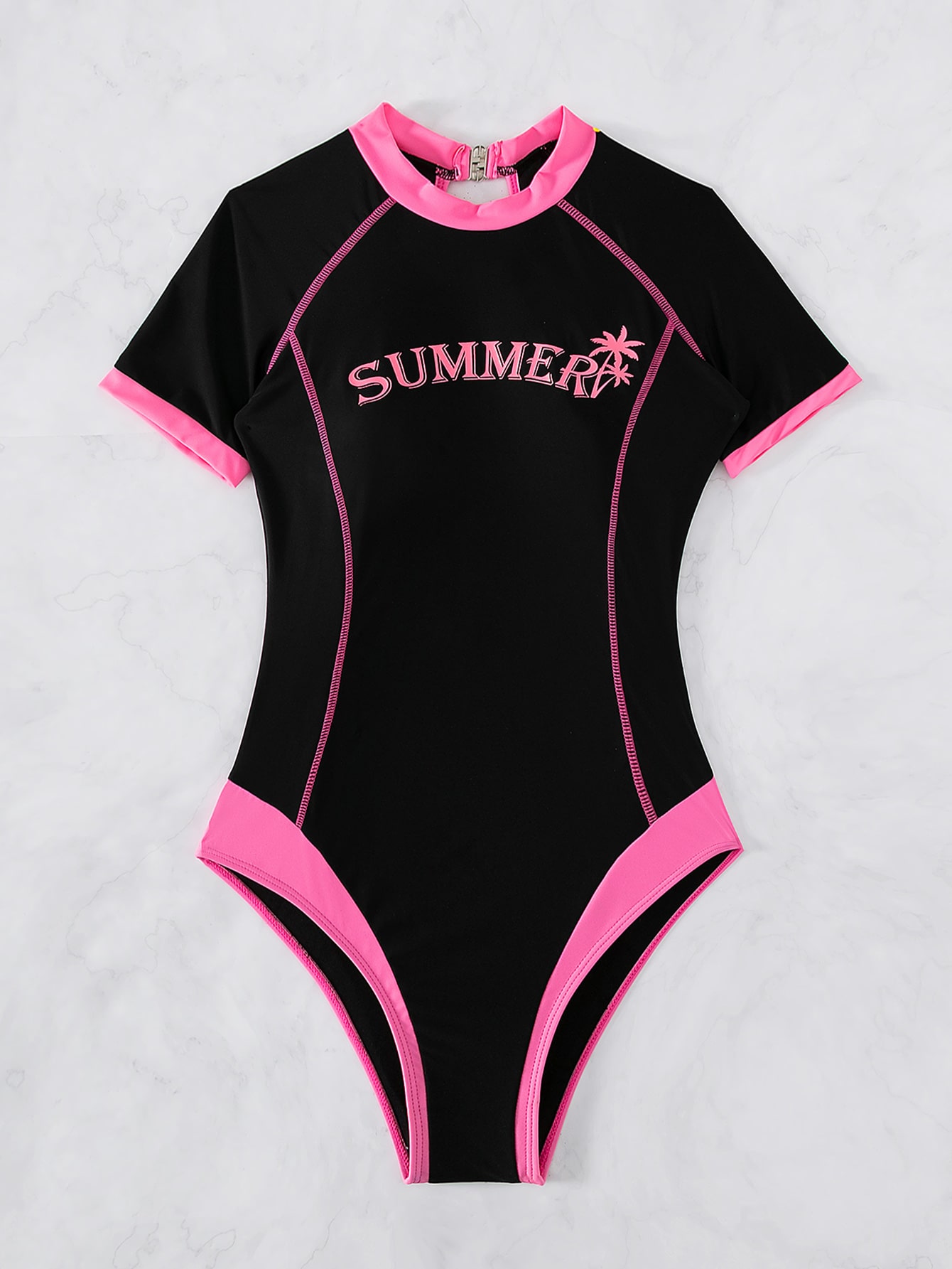 Summer Beach Letter Graphic Contrast Binding One Piece Swimsuit