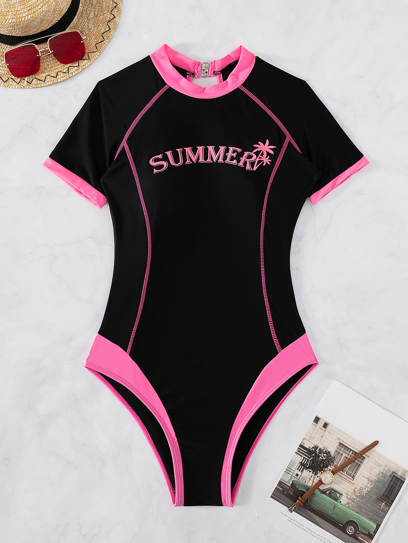 Summer Beach Letter Graphic Contrast Binding One Piece Swimsuit