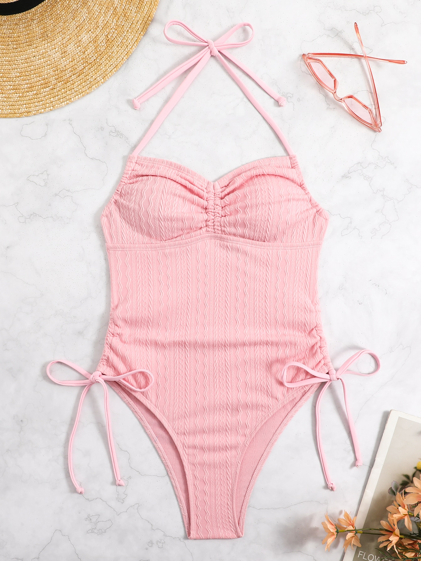 Summer Beach Drawstring Side Halter One Piece Swimsuit