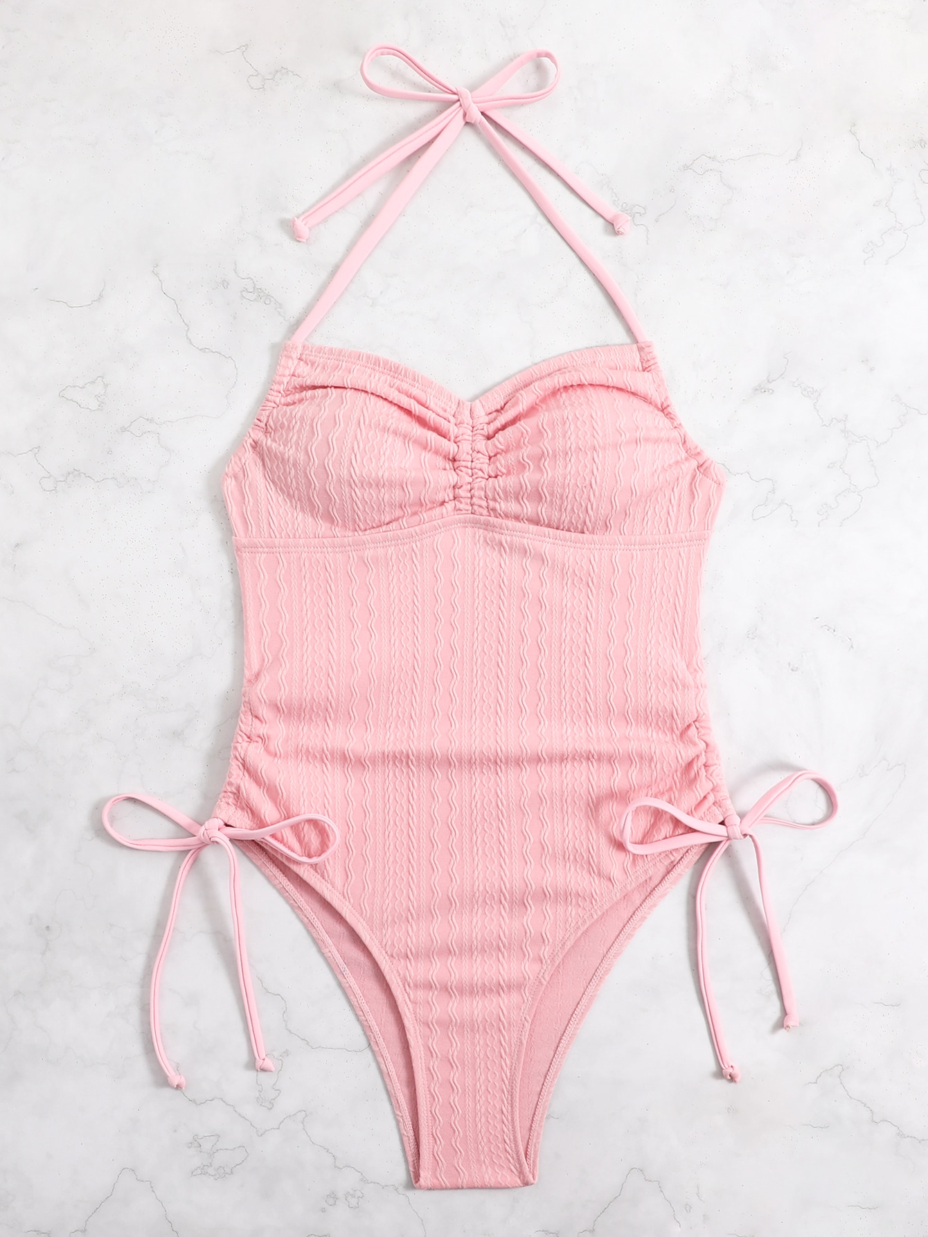 Summer Beach Drawstring Side Halter One Piece Swimsuit
