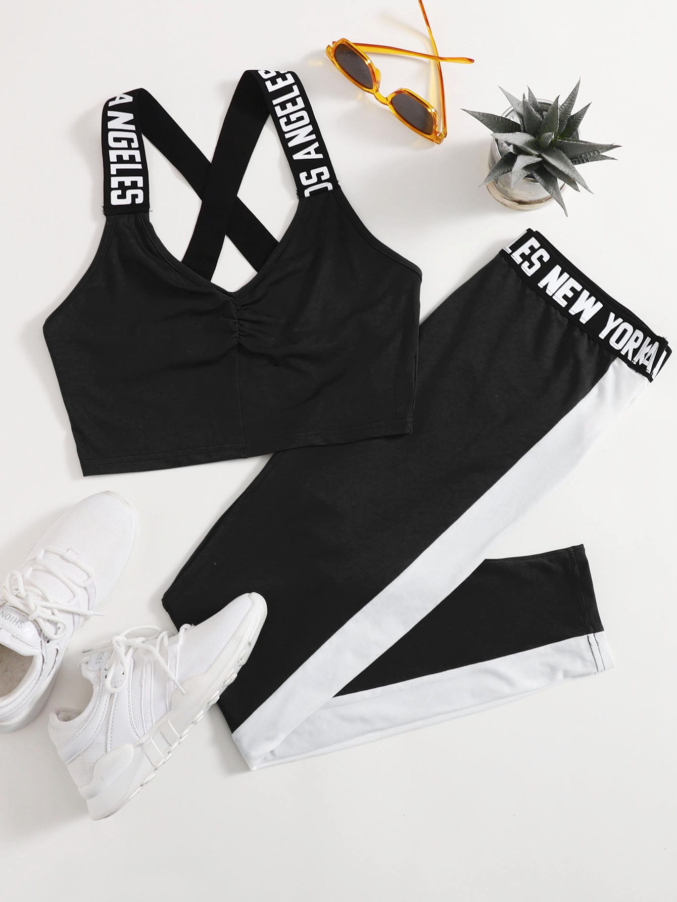 Crisscross Ruched Top & Contrast Sideseam Pants Set