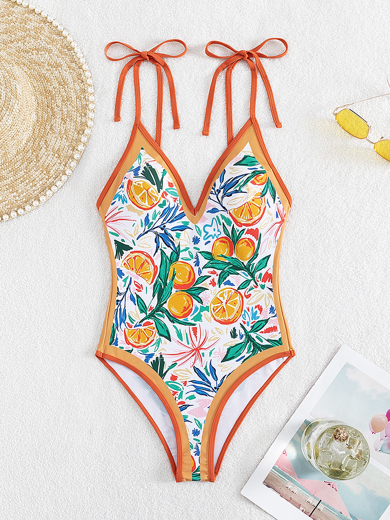 Summer Beach Fruit Print Tie Shoulder One Piece Swimsuit