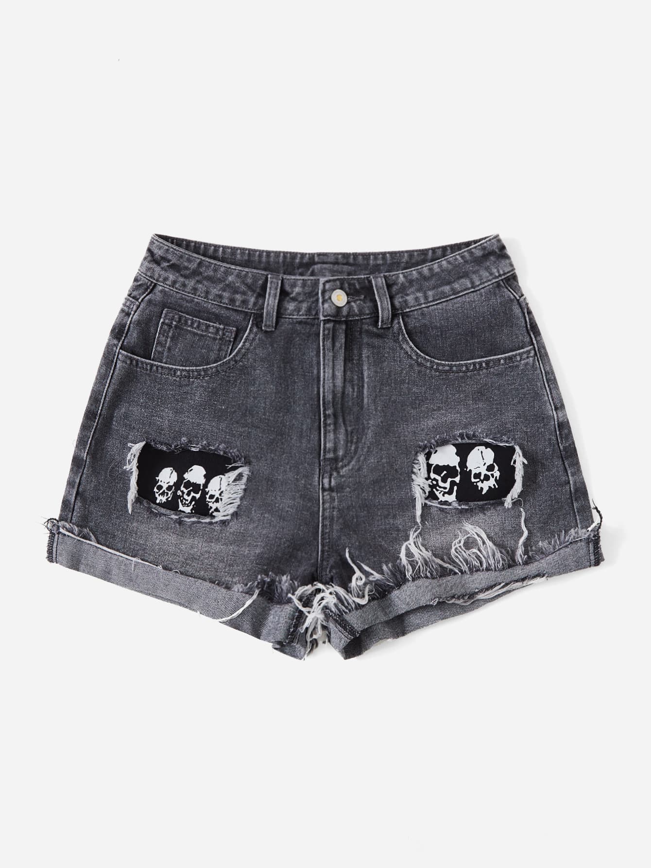 Goth Skull Print Ripped Denim Shorts, School