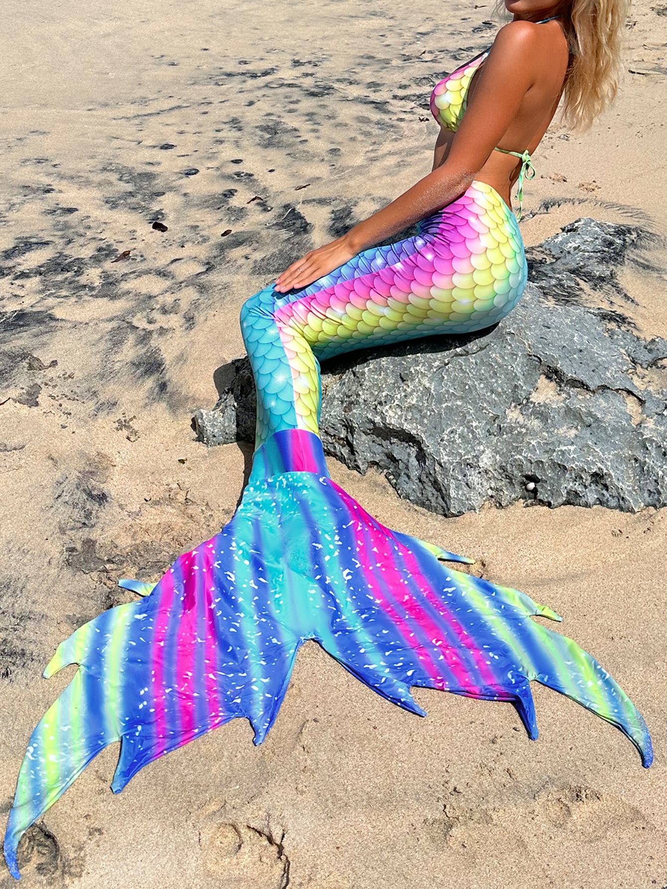 Summer Beach Fish Scales Print Bikini Set Triangle Bra & Bikini Bottom & Mermaid Tail Cover Up Skirt 3 Piece Bathing Suit