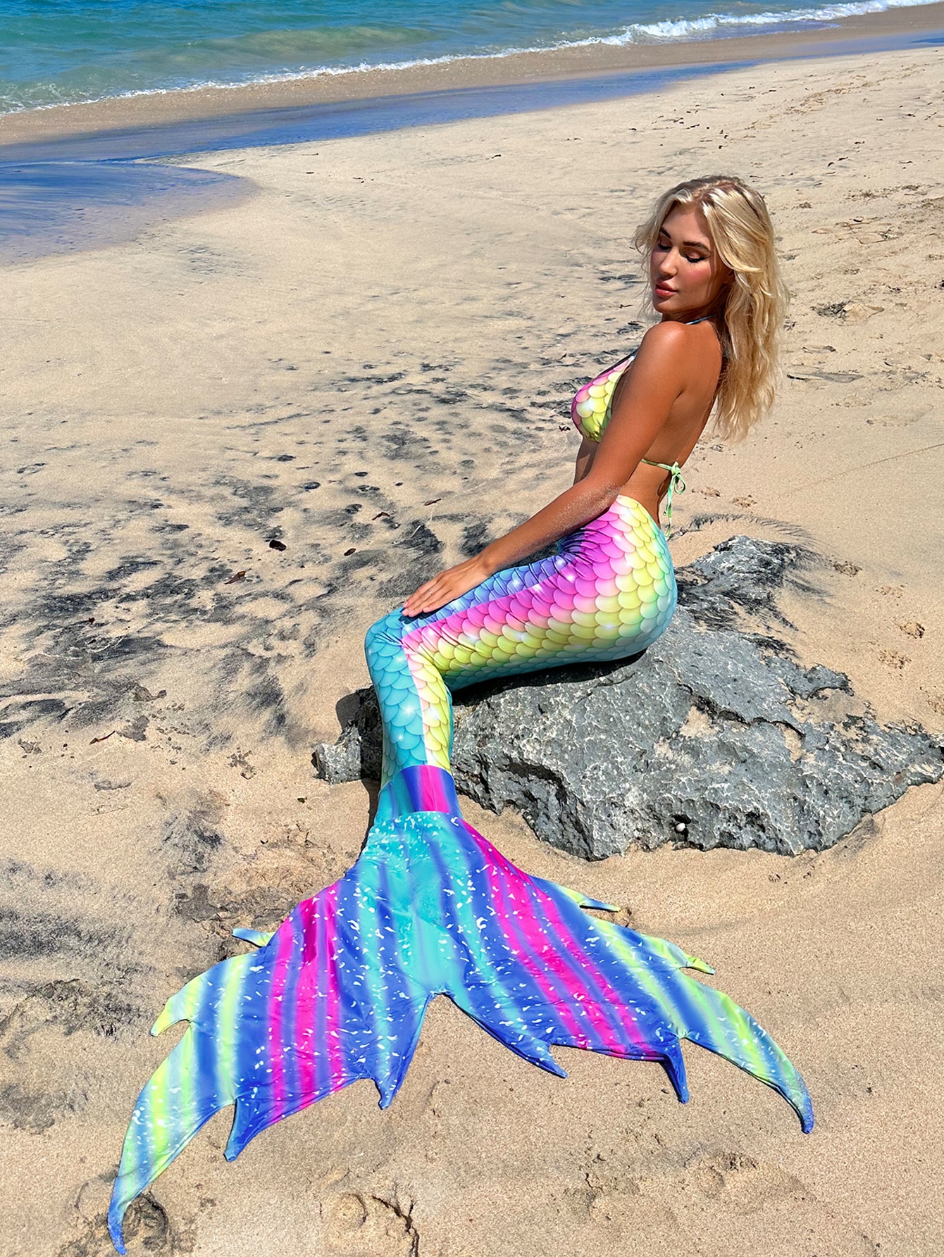 Summer Beach Fish Scales Print Bikini Set Triangle Bra & Bikini Bottom & Mermaid Tail Cover Up Skirt 3 Piece Bathing Suit