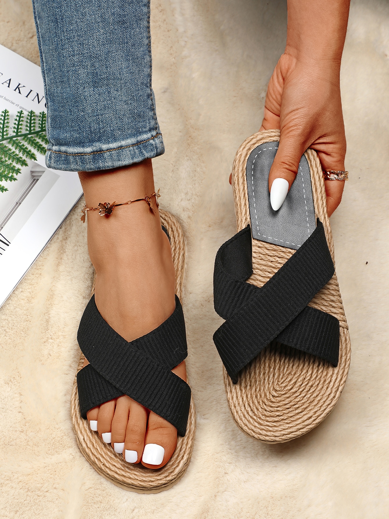 Women Criss Cross Strap Espadrille Slide Sandals, Vacation Outdoor Polyester Flat Sandals