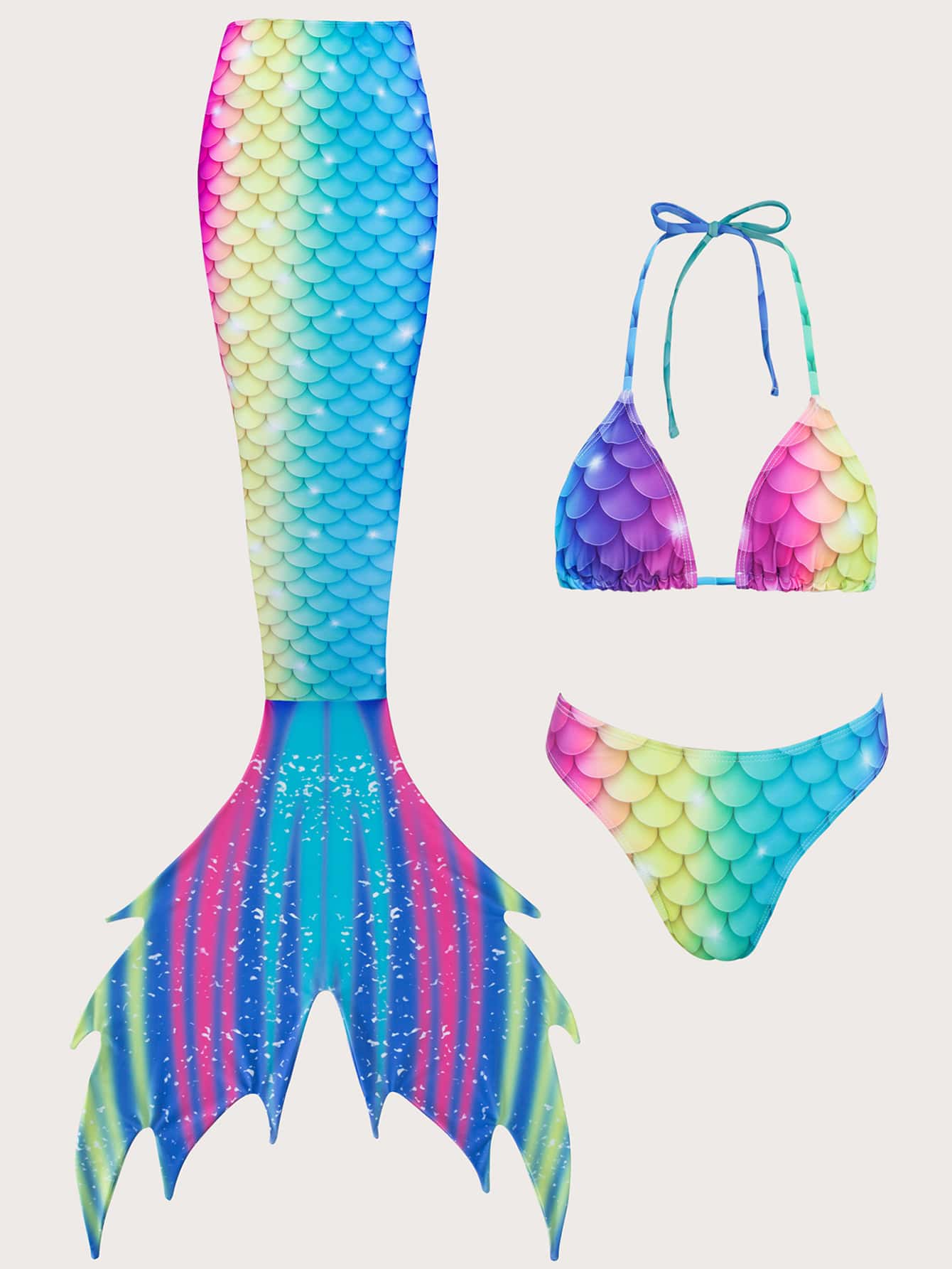 Summer Beach Fish Scales Print Bikini Set Triangle Bra & Bikini Bottom & Mermaid Tail Cover Up Skirt 3 Piece Bathing Suit