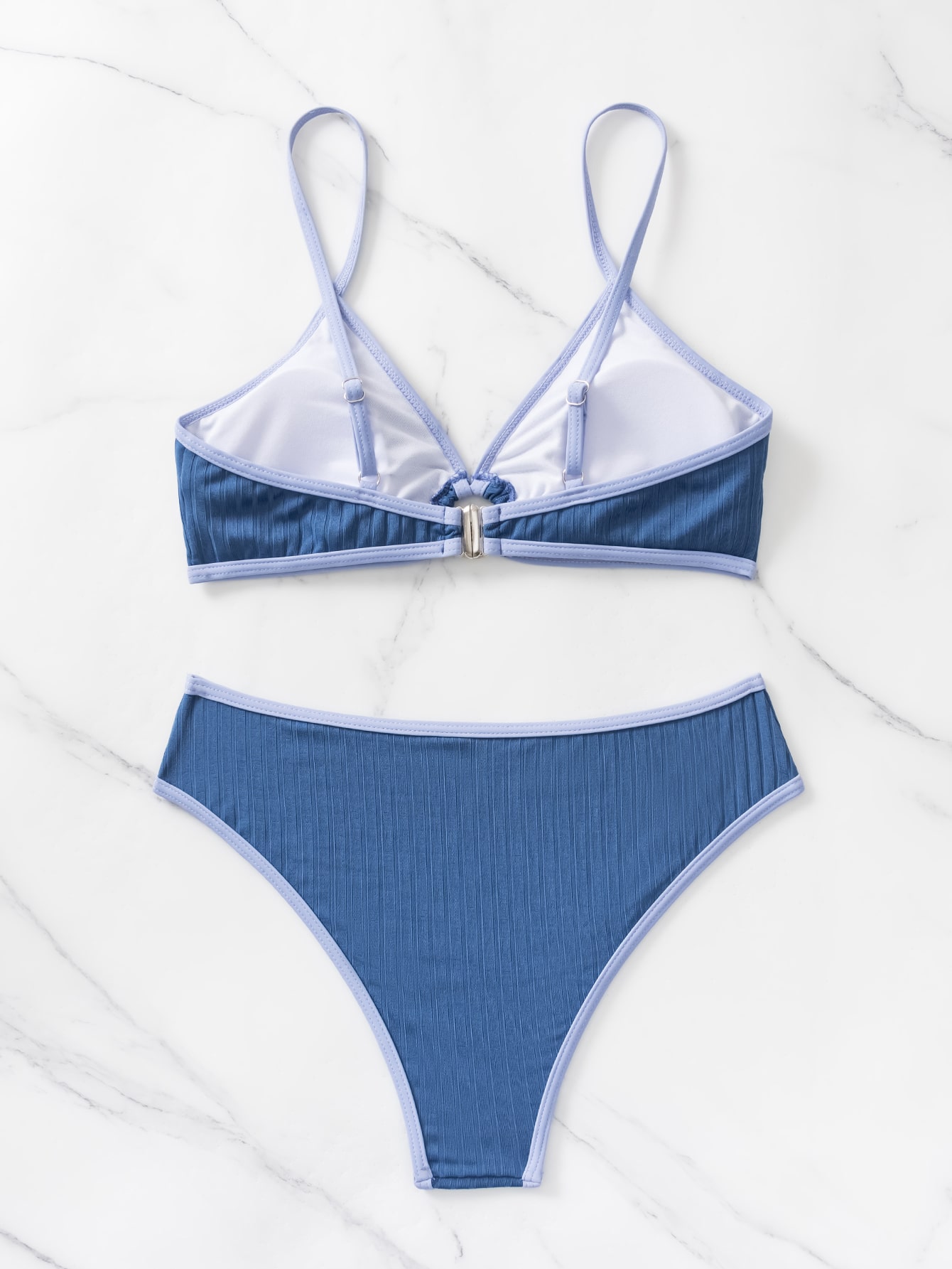Summer Beach Ribbed Bikini Set Contrast Binding Ring Linked Bra & Bikini Bottom 2 Piece Bathing Suit