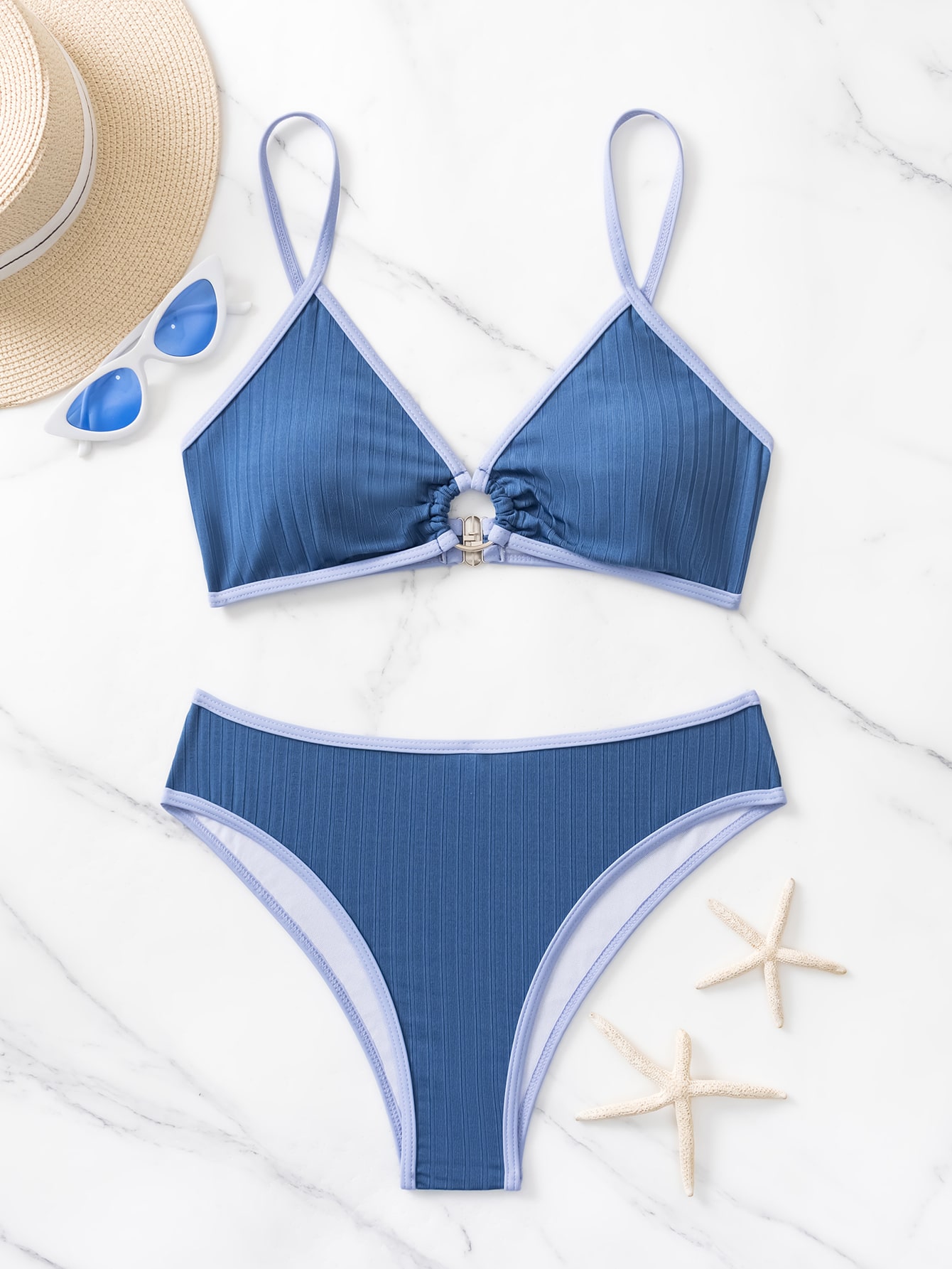 Summer Beach Ribbed Bikini Set Contrast Binding Ring Linked Bra & Bikini Bottom 2 Piece Bathing Suit