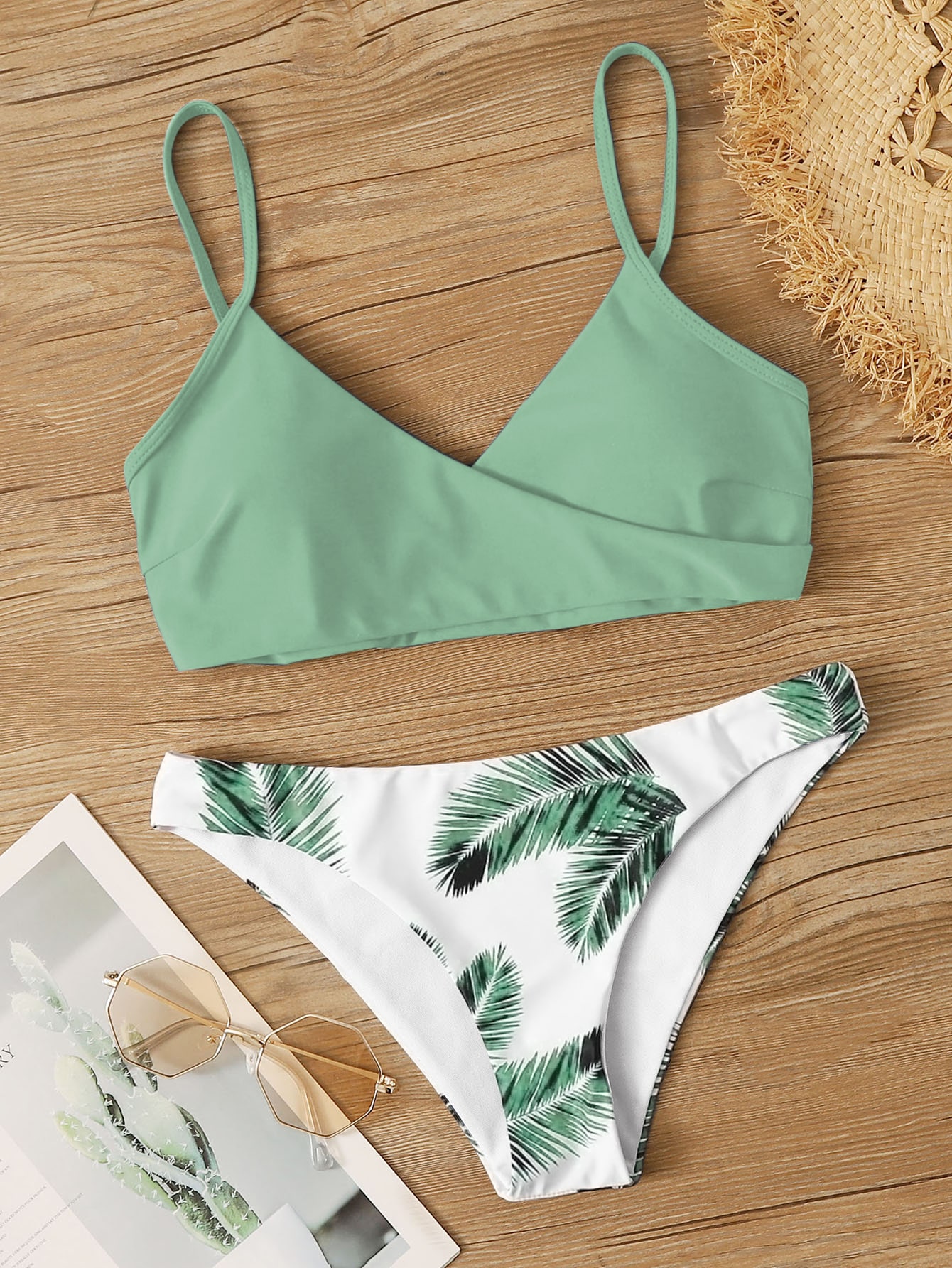Summer Beach Palm Random Print Adjustable Strap Bikini Set