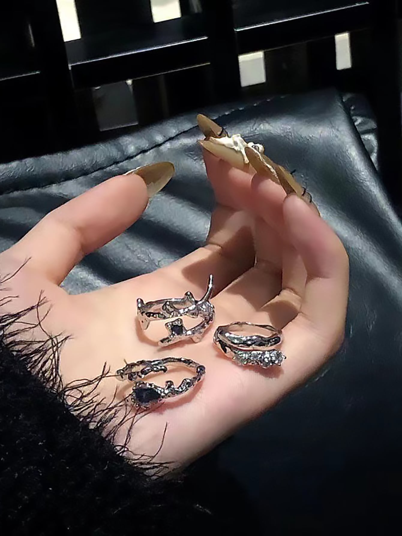 Goth 3pcs Rhinestone Decor Ring